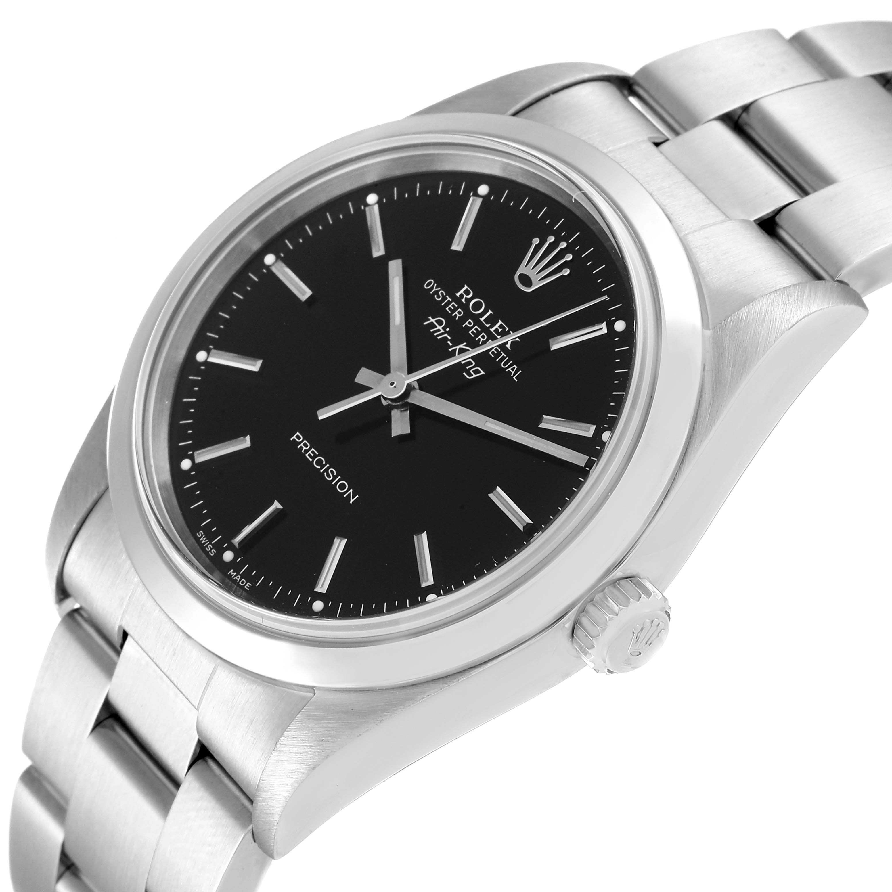 The Rolex Air-King 14000M Men's Stainless Steel Black Dial 14000M Men's Stainless Steel Black Dial watch is shown at a slight angle, highlighting its black dial, stainless steel case, and bracelet.