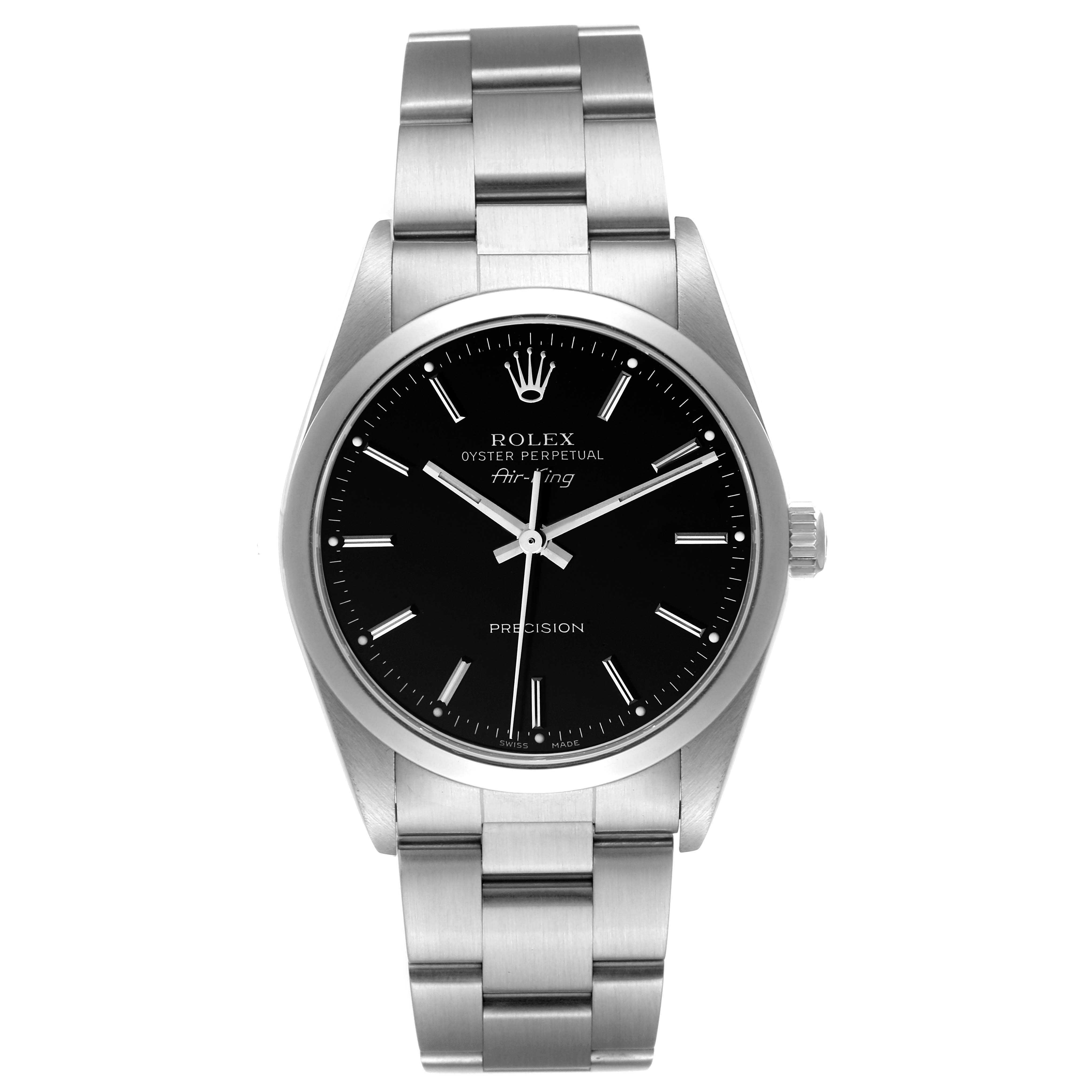 The image shows a front view of the Rolex Air-King 14000M Men's Stainless Steel Black Dial 14000M Men's Stainless Steel Black Dial watch, displaying its black dial and stainless steel bracelet.