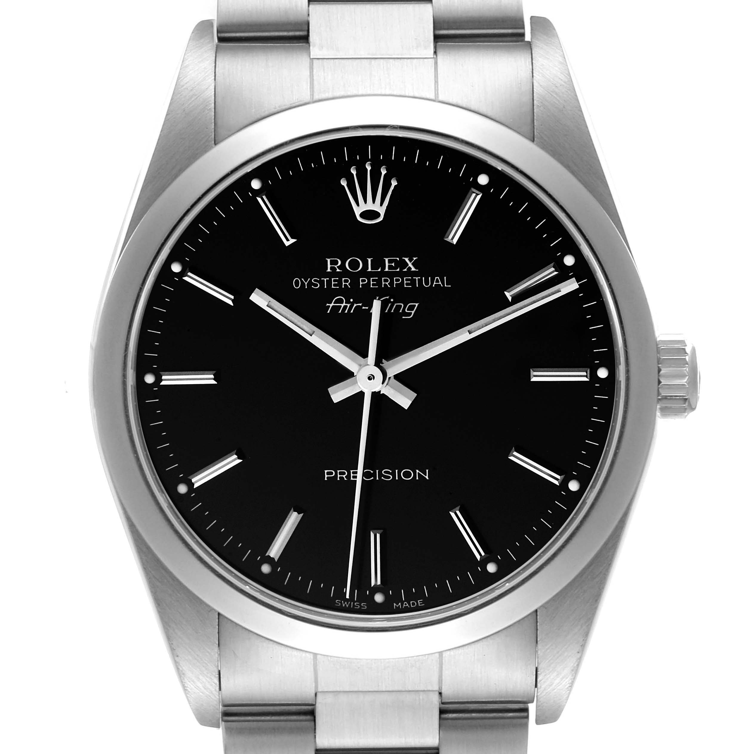 The Rolex Air-King 14000M Men's Stainless Steel Black Dial 14000M Men's Stainless Steel Black Dial watch is shown from a front angle, displaying its black dial, hands, markers, and bracelet.