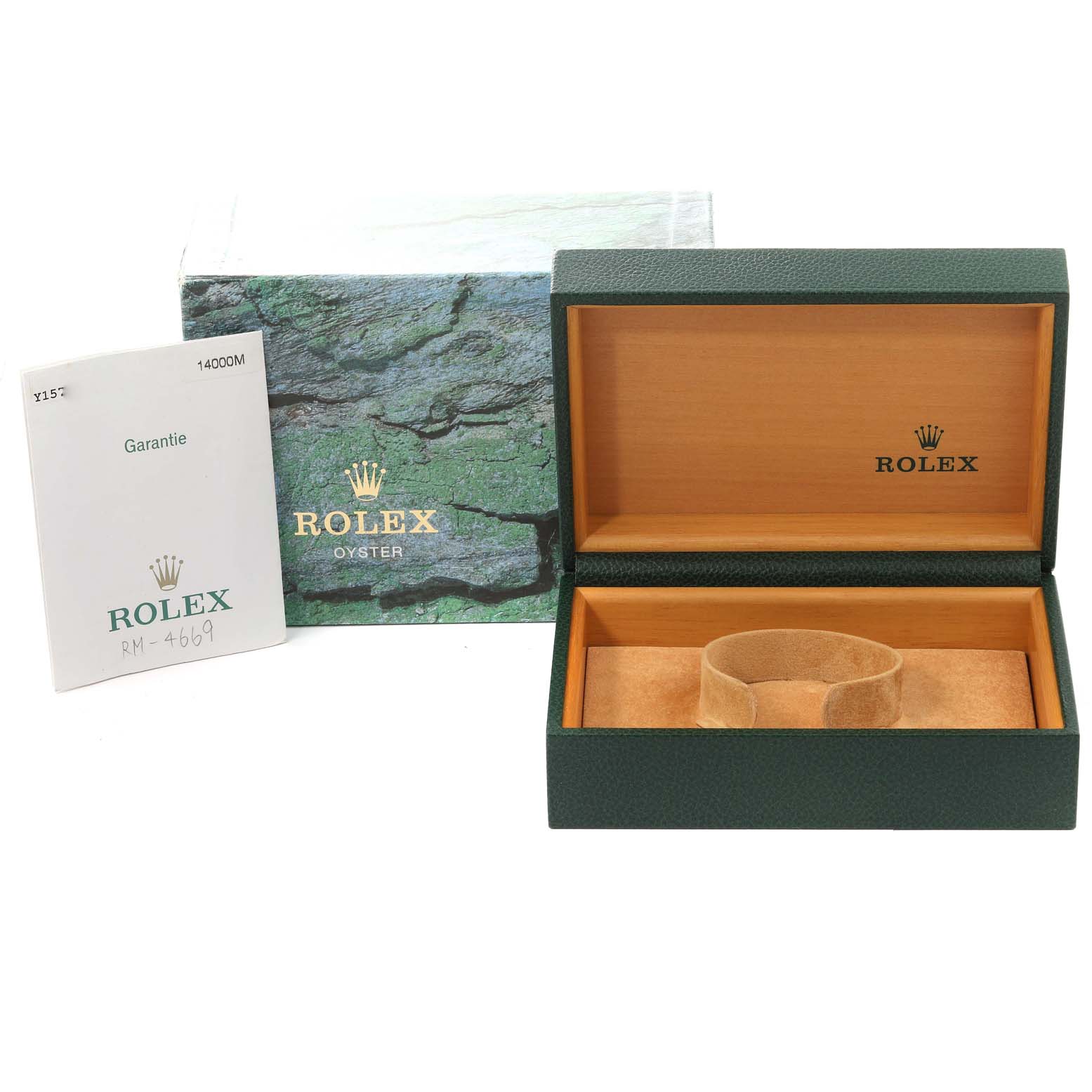 This image shows the box, manual, and paperwork for a Rolex Air-King 14000M Men's Stainless Steel Black Dial 14000M Men's Stainless Steel Black Dial watch, with the box open and empty.