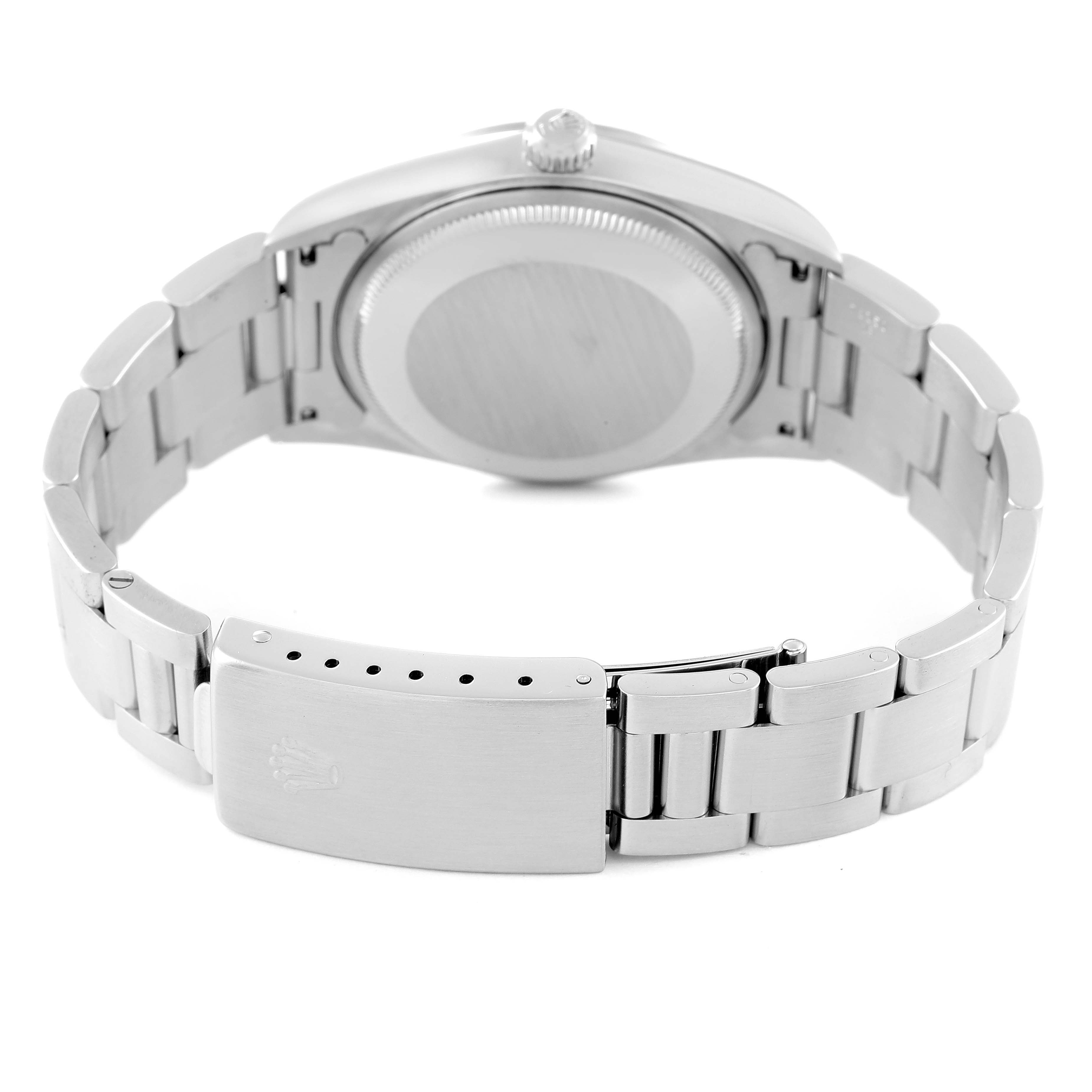 This image shows the back case and bracelet clasp of a Rolex Air-King 14000M Men's Stainless Steel Black Dial 14000M Men's Stainless Steel Black Dial watch from a rear angle.