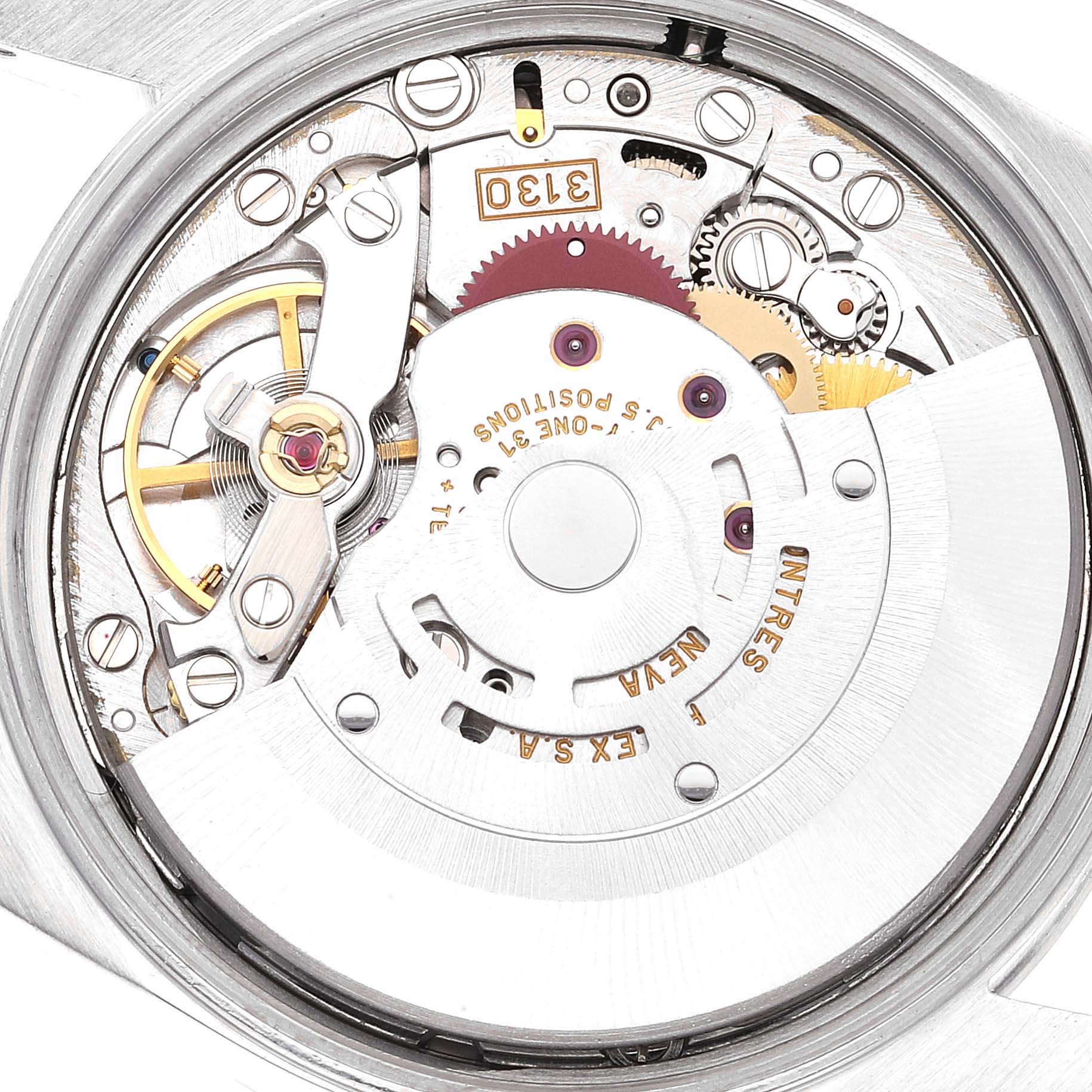 This image shows a close-up of the movement mechanism of a Rolex Air-King 14000M Men's Stainless Steel Black Dial 14000M Men's Stainless Steel Black Dial watch.