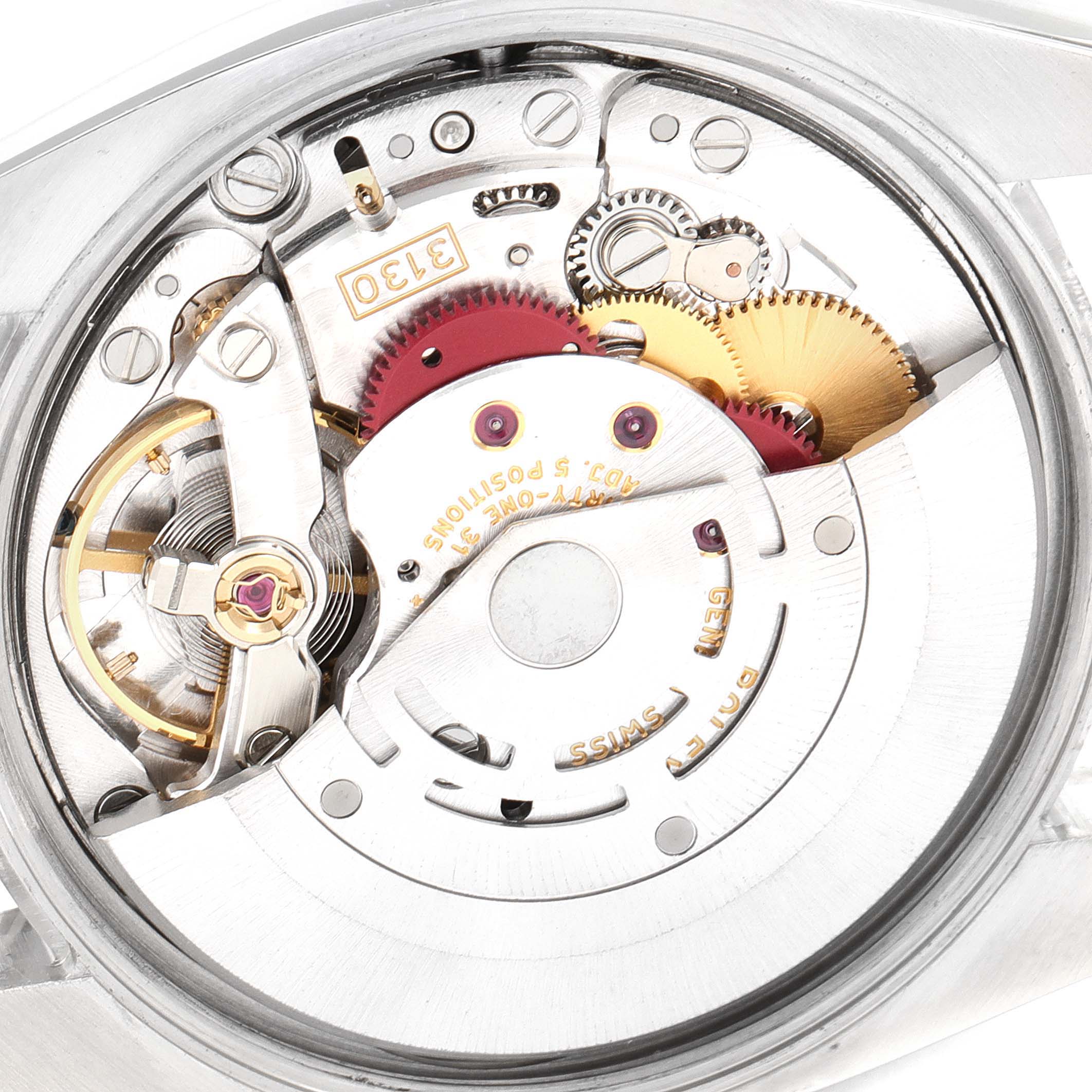 The image shows a close-up of the internal mechanical movement of a Rolex Air-King 114210 Men's Stainless Steel Blue Dial 114210 Men's Stainless Steel Blue Dial watch.