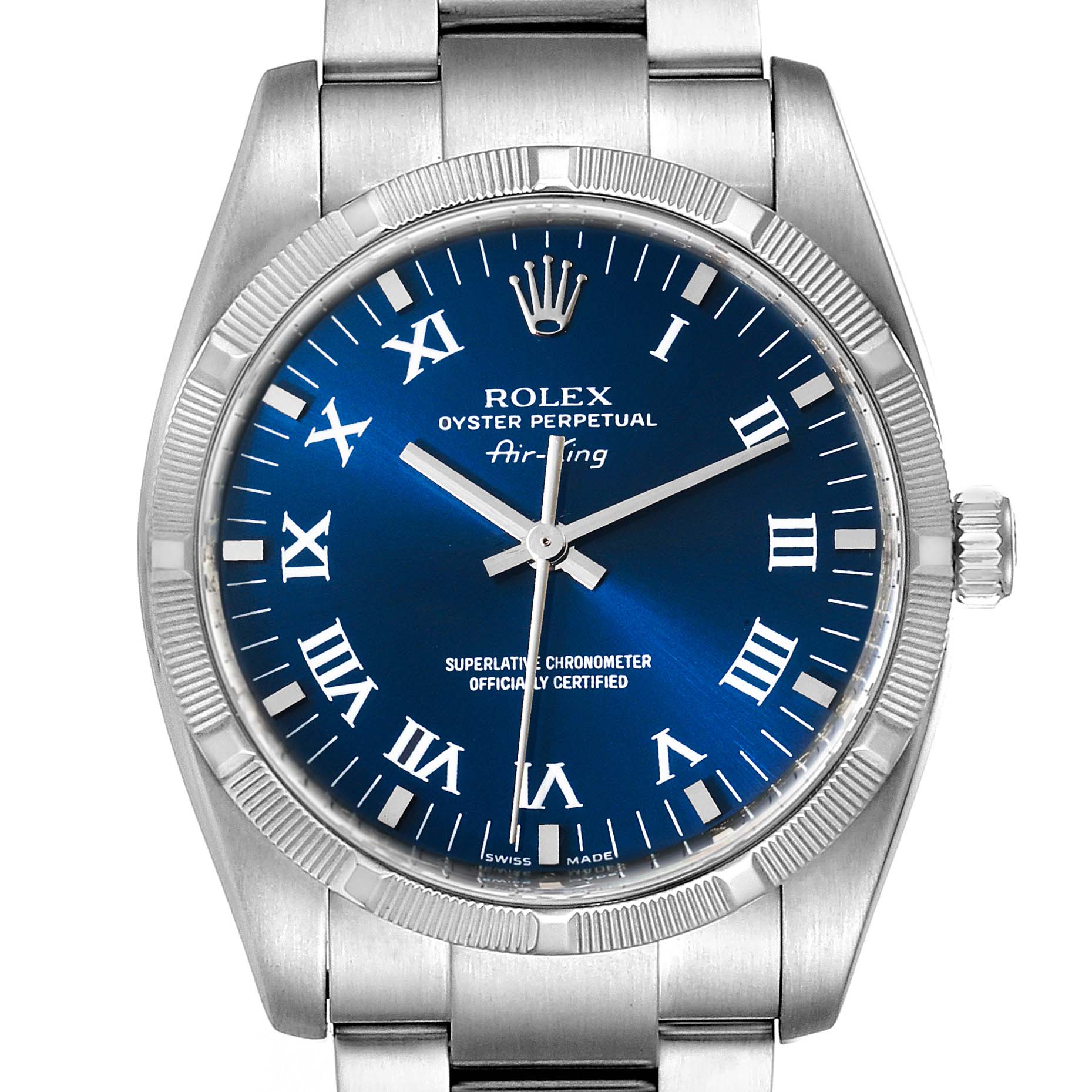 The image shows a front view of the Rolex Air-King 114210 Men's Stainless Steel Blue Dial 114210 Men's Stainless Steel Blue Dial watch with a blue dial and Roman numeral markers.