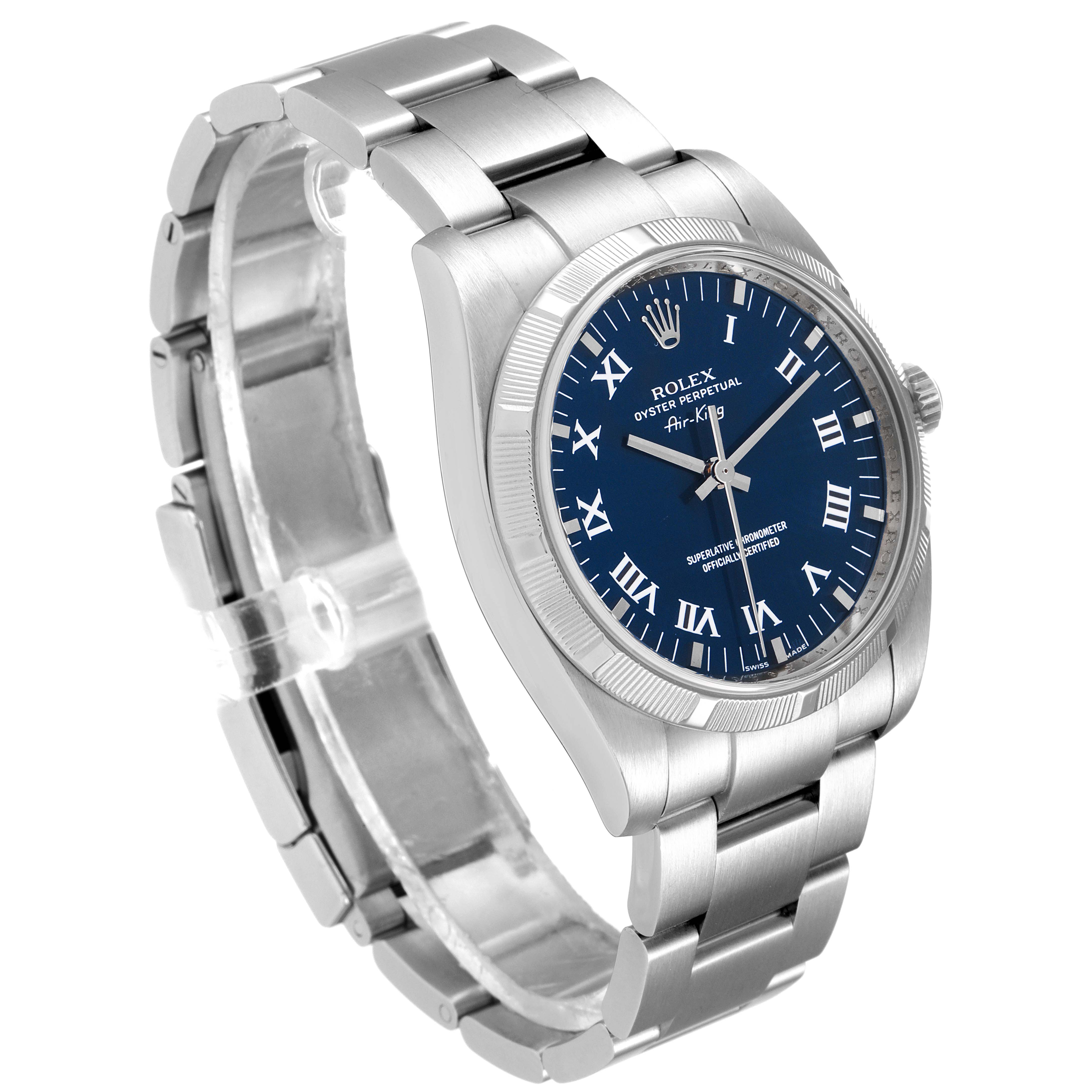 The image shows a Rolex Air-King 114210 Men's Stainless Steel Blue Dial 114210 Men's Stainless Steel Blue Dial watch at a slight angle, highlighting its blue dial, Roman numerals, and silver bracelet.