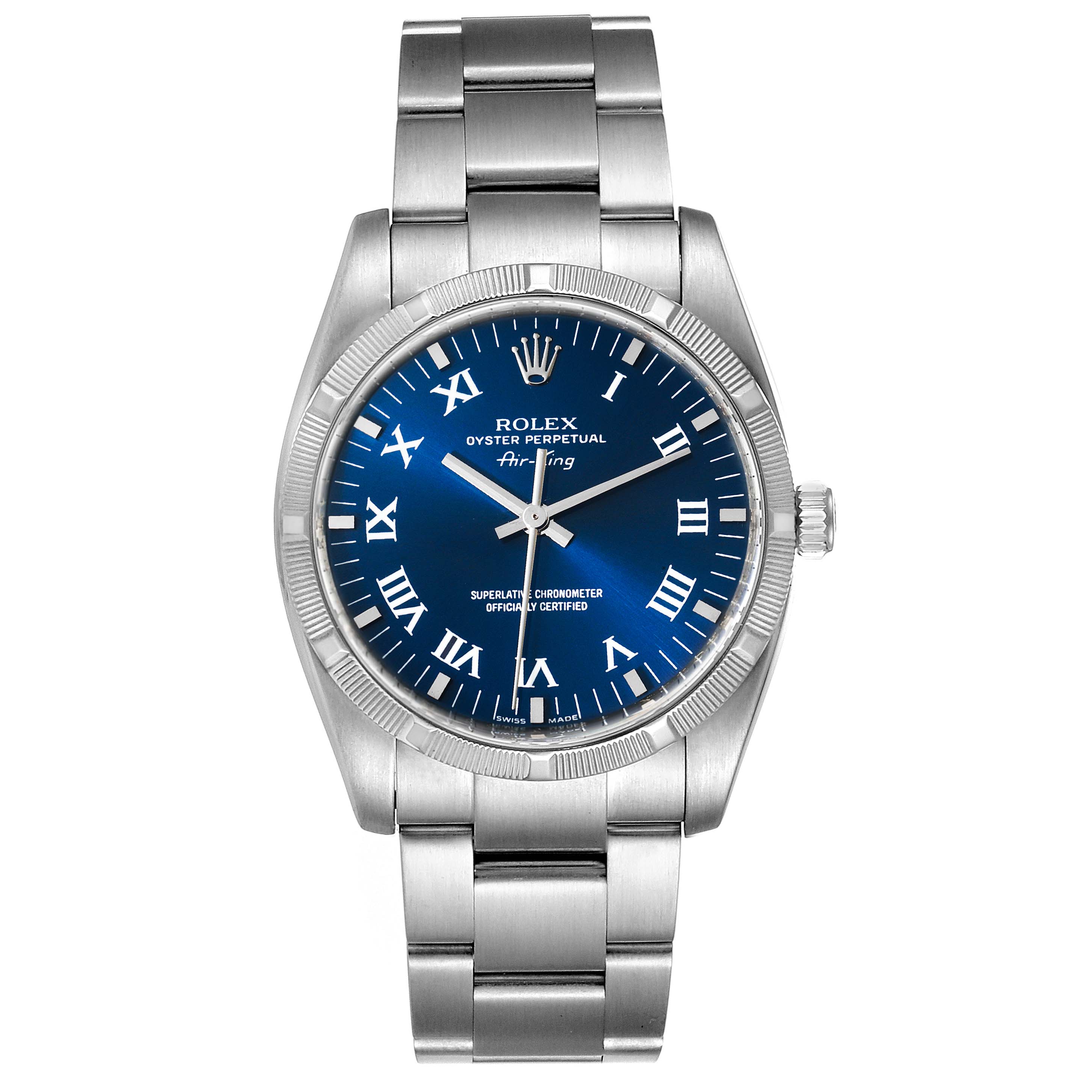 The Rolex Air-King 114210 Men's Stainless Steel Blue Dial 114210 Men's Stainless Steel Blue Dial watch is shown from a front angle, displaying the dial, bezel, case, and bracelet.