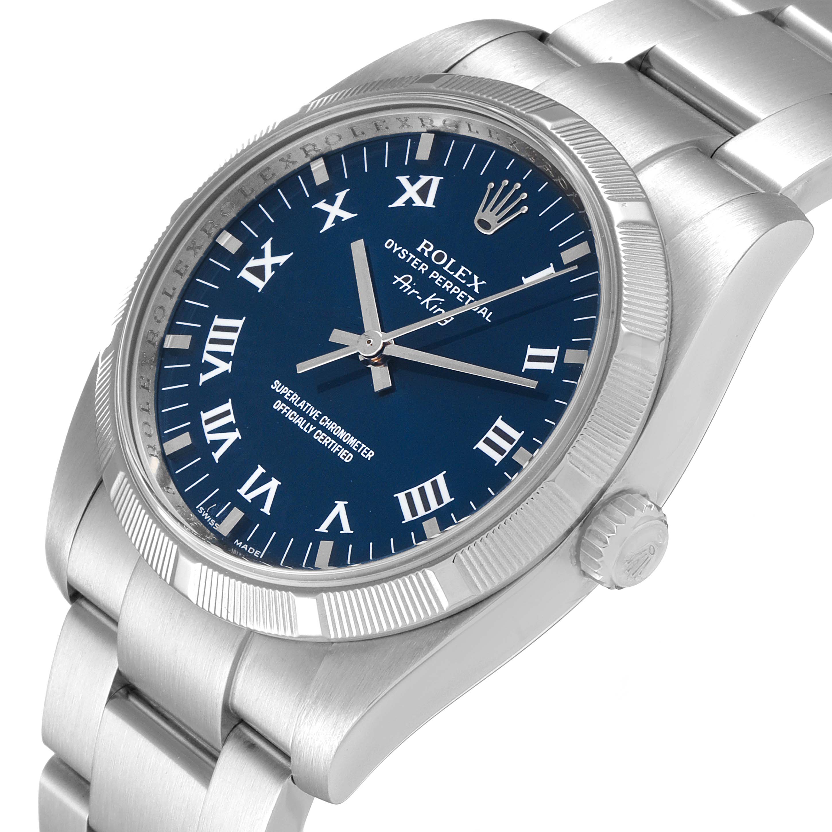 The image shows a Rolex Air-King 114210 Men's Stainless Steel Blue Dial 114210 Men's Stainless Steel Blue Dial watch at an angled view, highlighting the bezel, crown, dial, and bracelet.