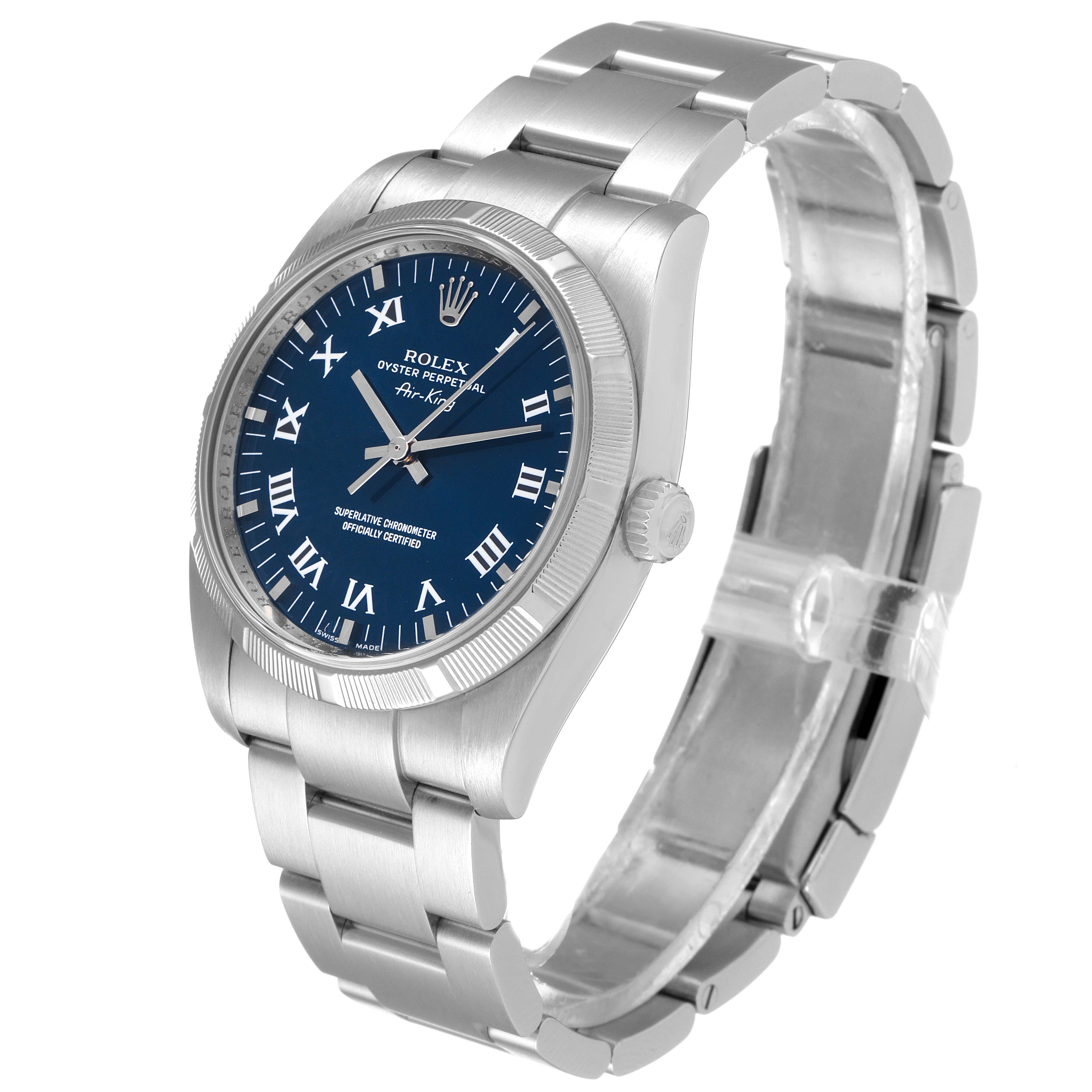 The image shows a Rolex Air-King 114210 Men's Stainless Steel Blue Dial 114210 Men's Stainless Steel Blue Dial watch from a front angle, highlighting its dial, bezel, and bracelet.