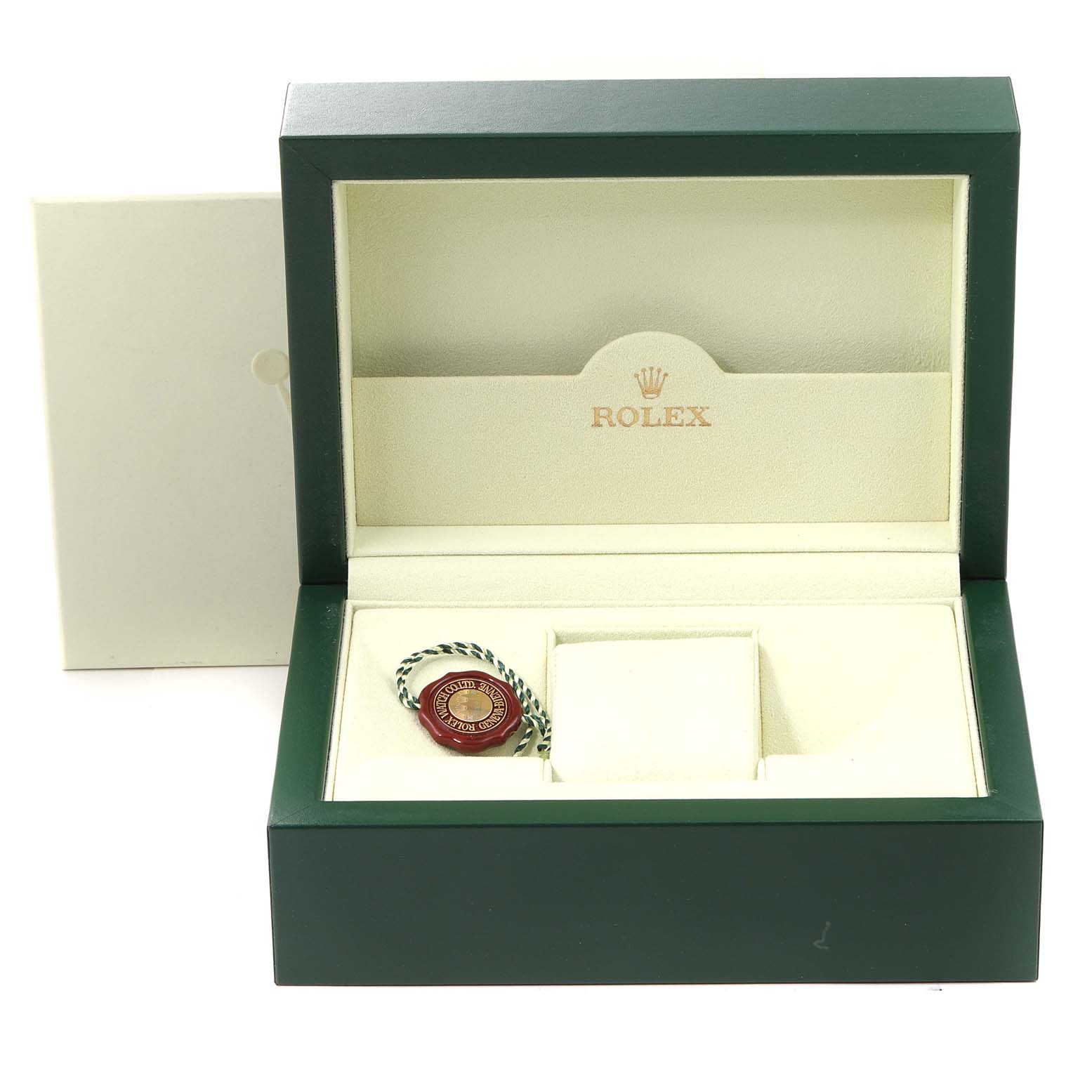 This image shows an open green Rolex Air-King 114210 Men's Stainless Steel Blue Dial 114210 Men's Stainless Steel Blue Dial watch box with an accessory tag inside.