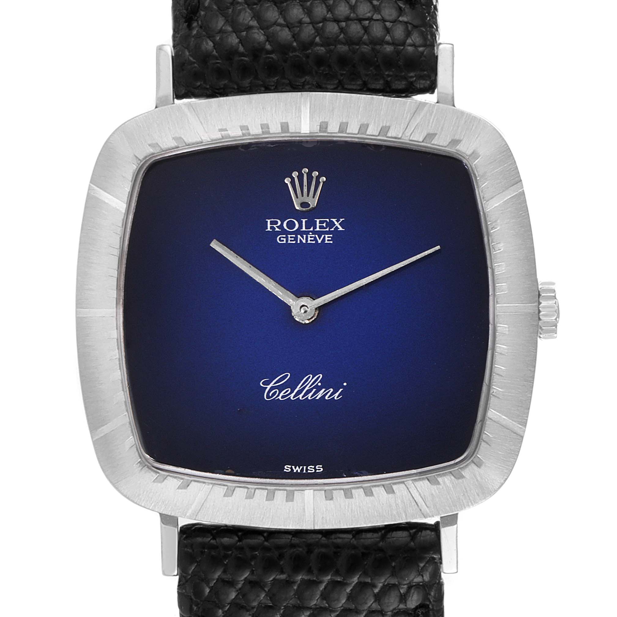 The image shows a front view of a Rolex Cellini 4084 Women's White Gold Blue Dial 4084 Women's White Gold Blue Dial watch, highlighting its blue dial, silver case, and black leather strap.