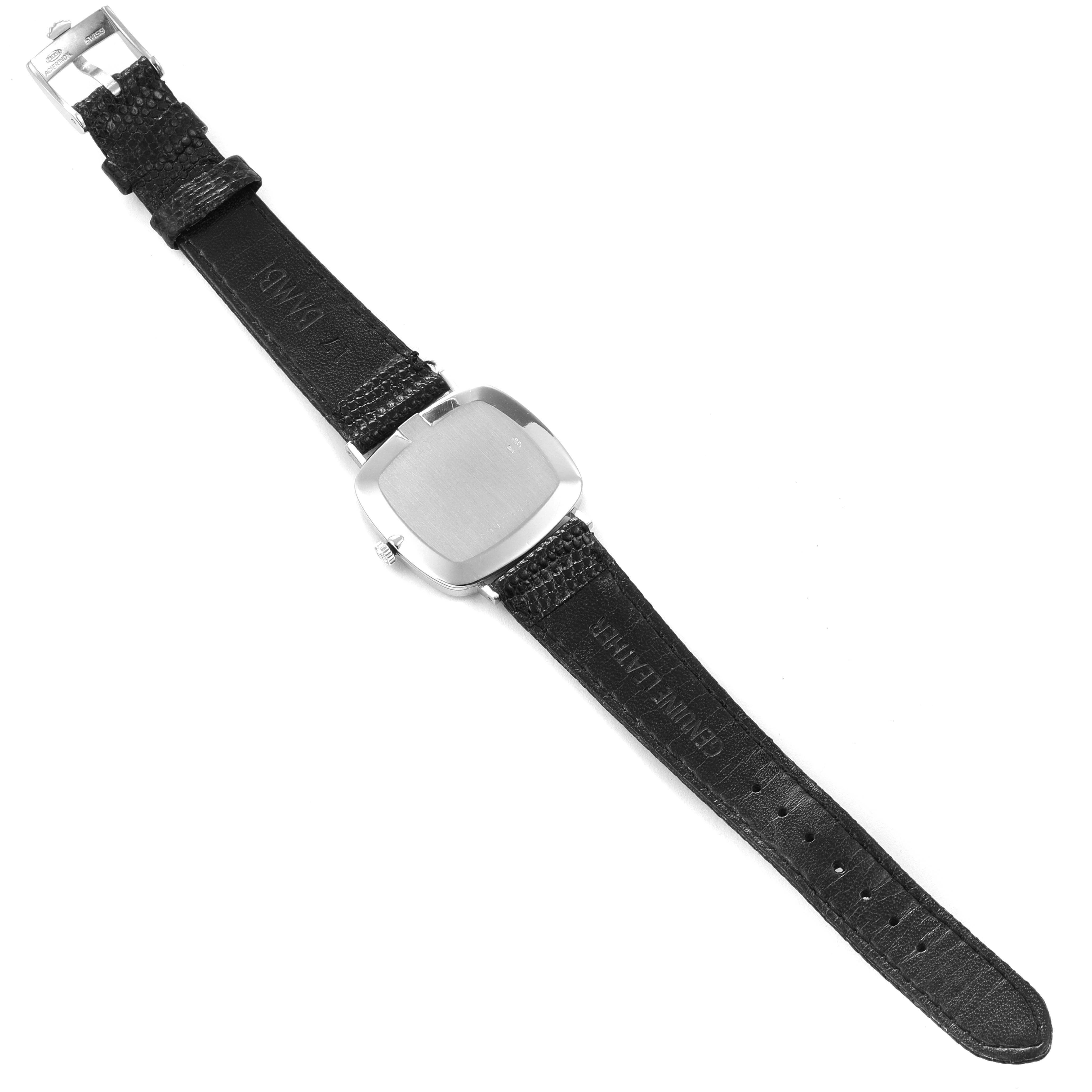 The image shows the back and strap of a Rolex Cellini 4084 Women's White Gold Blue Dial 4084 Women's White Gold Blue Dial model watch, displaying its buckle, leather straps, and case back.