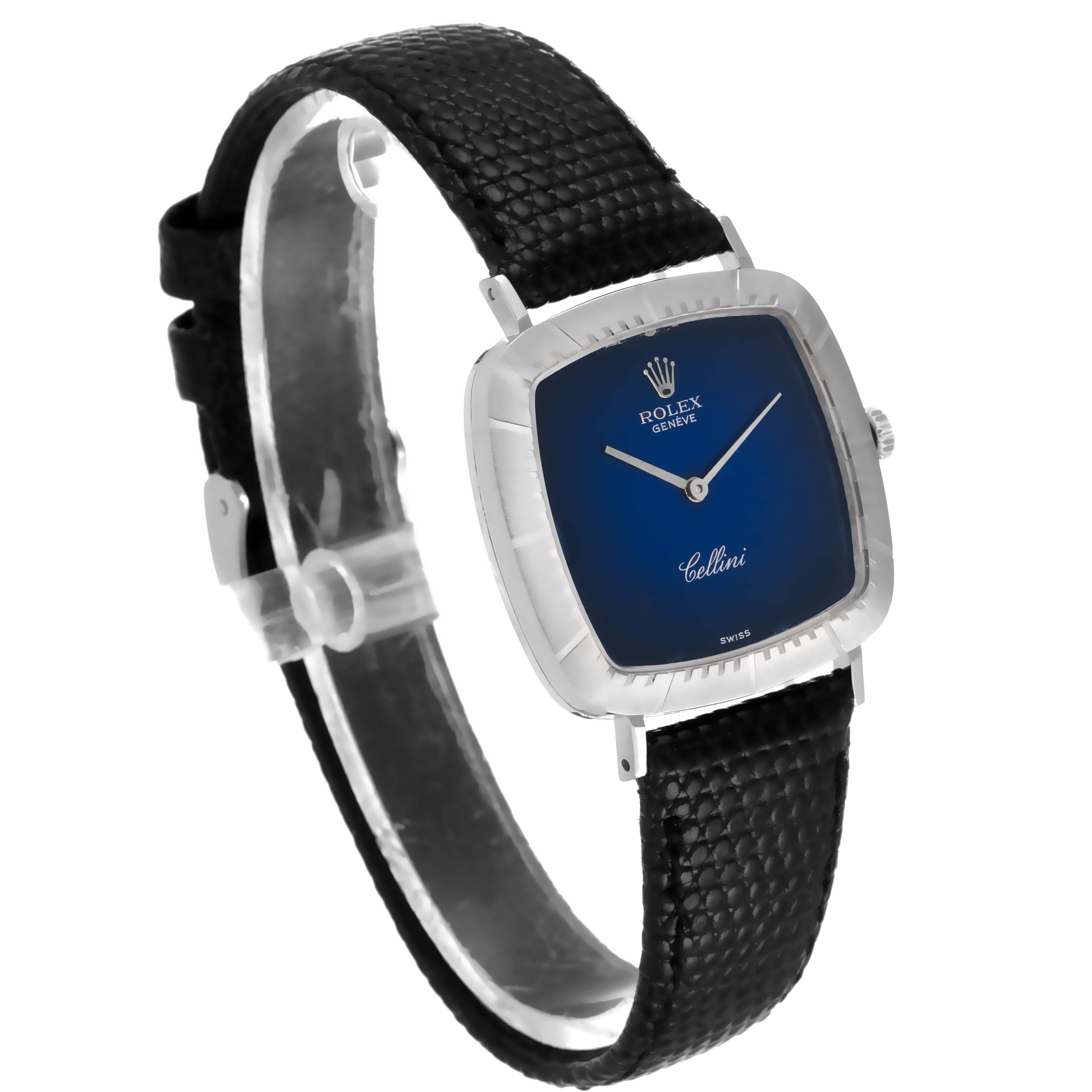The image shows a side-front view of the Rolex Cellini 4084 Women's White Gold Blue Dial 4084 Women's White Gold Blue Dial watch featuring its face, case, and black leather strap.