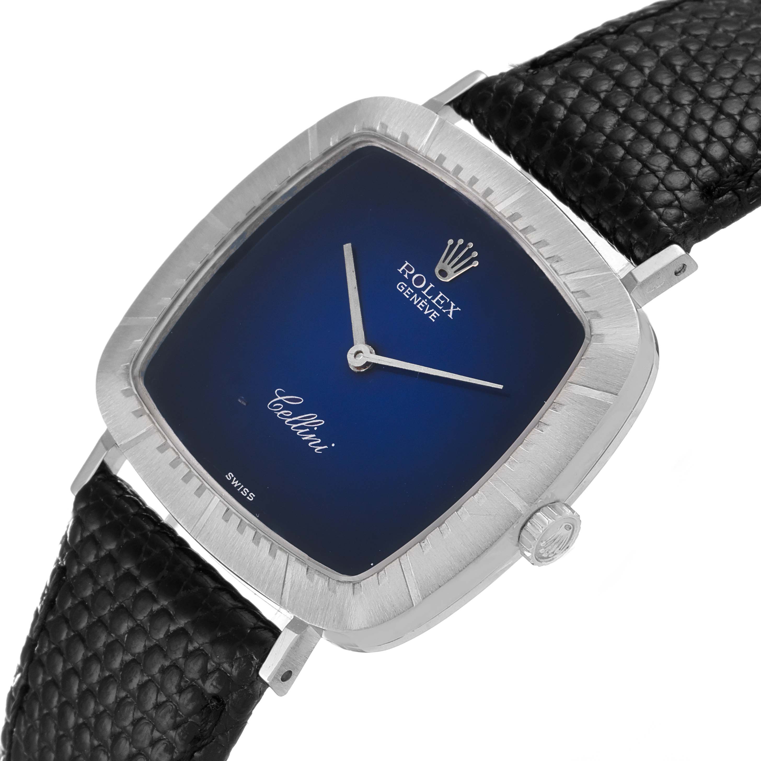 This image shows a Rolex Cellini 4084 Women's White Gold Blue Dial 4084 Women's White Gold Blue Dial watch at an angled close-up displaying its dial, bezel, and part of the strap.
