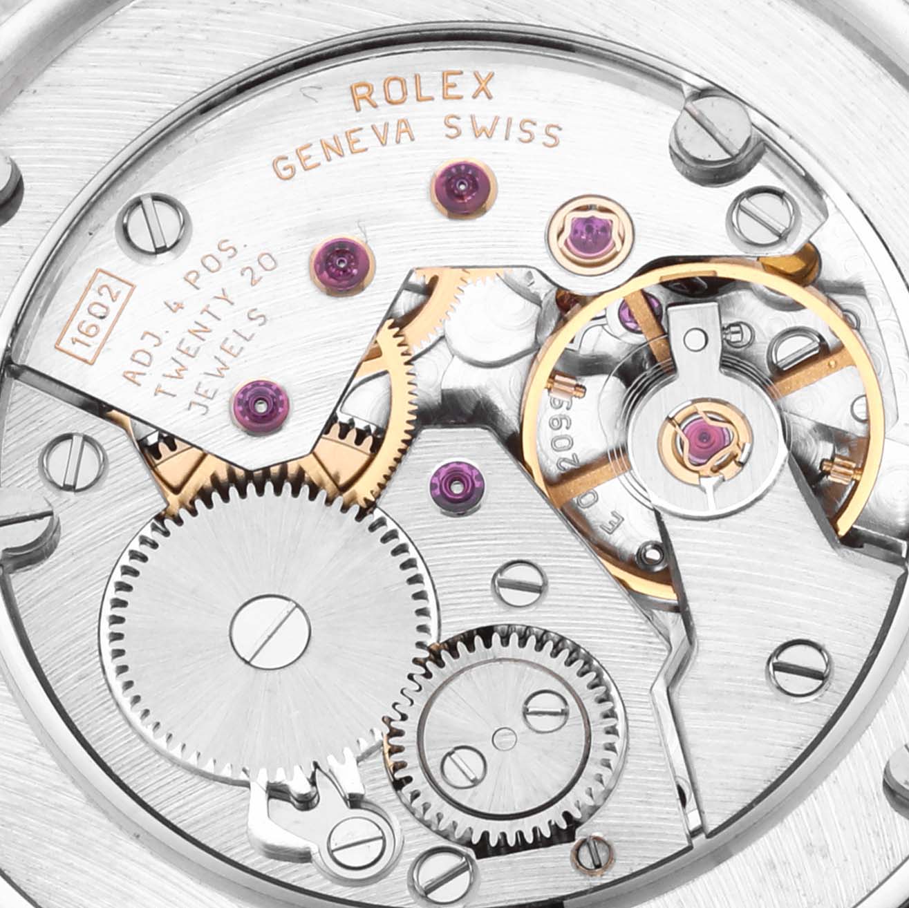 The Rolex Cellini 5115 Men's White Gold Mother of Pearl Dial 5115 Men's White Gold Mother of Pearl Dial watch is shown from the back, highlighting its intricate movement and components like gears and jewels.