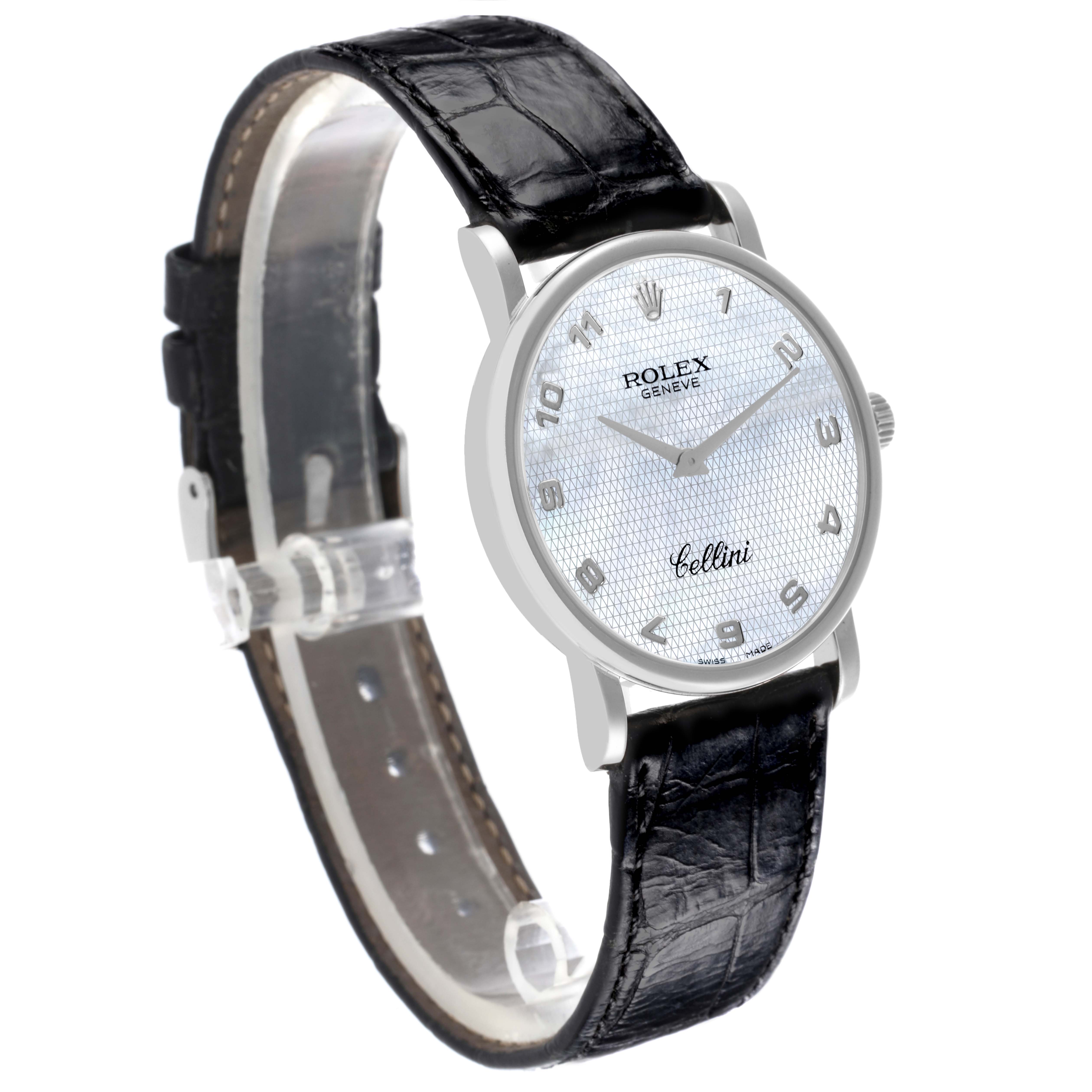 The Rolex Cellini 5115 Men's White Gold Mother of Pearl Dial 5115 Men's White Gold Mother of Pearl Dial watch is shown at a slight angle, highlighting its face, bezel, and leather strap.
