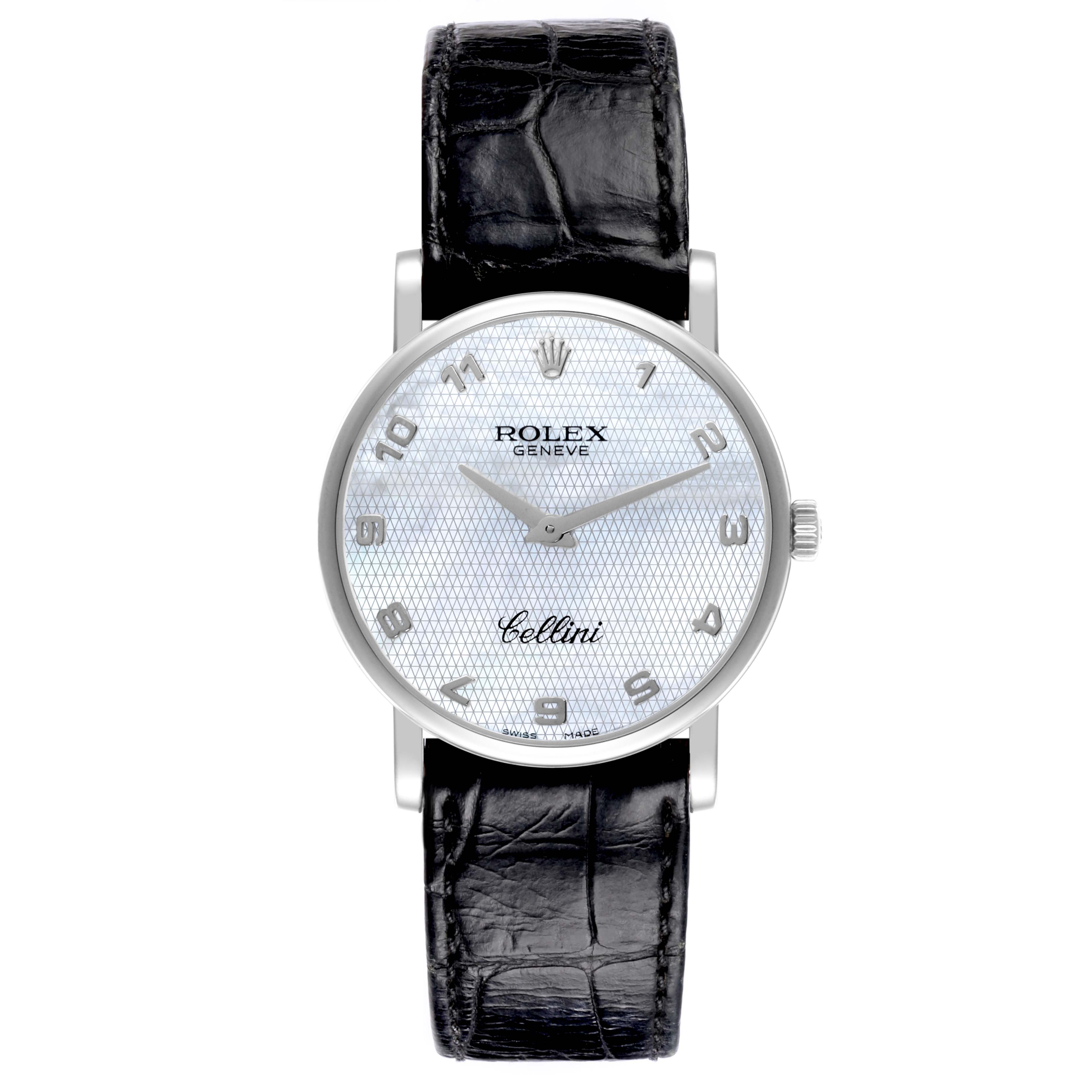 The image shows a front view of the Rolex Cellini 5115 Men's White Gold Mother of Pearl Dial 5115 Men's White Gold Mother of Pearl Dial watch, displaying its dial and black leather strap.