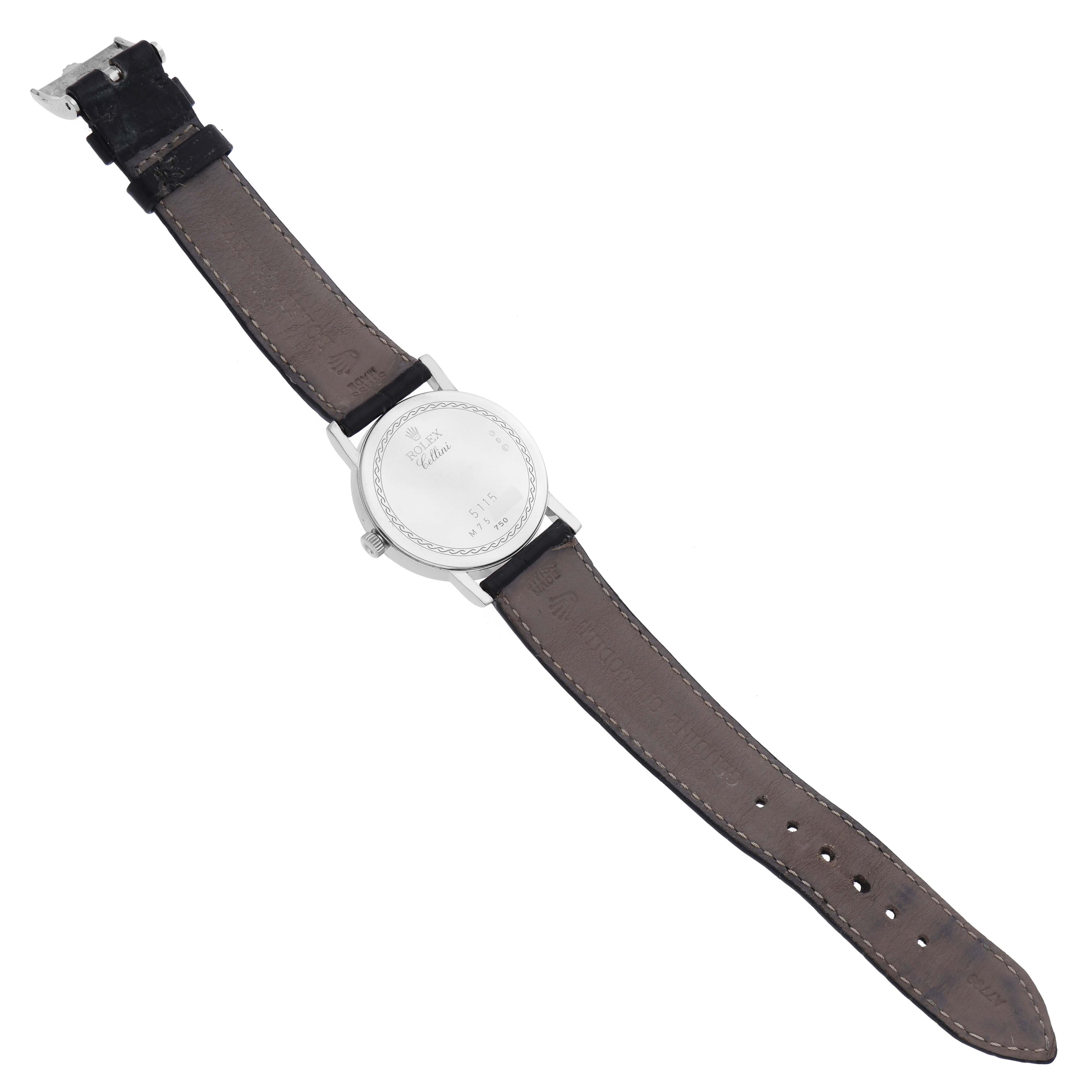 The image shows the back view of a Rolex Cellini 5115 Men's White Gold Mother of Pearl Dial 5115 Men's White Gold Mother of Pearl Dial watch, highlighting the case back and leather strap.