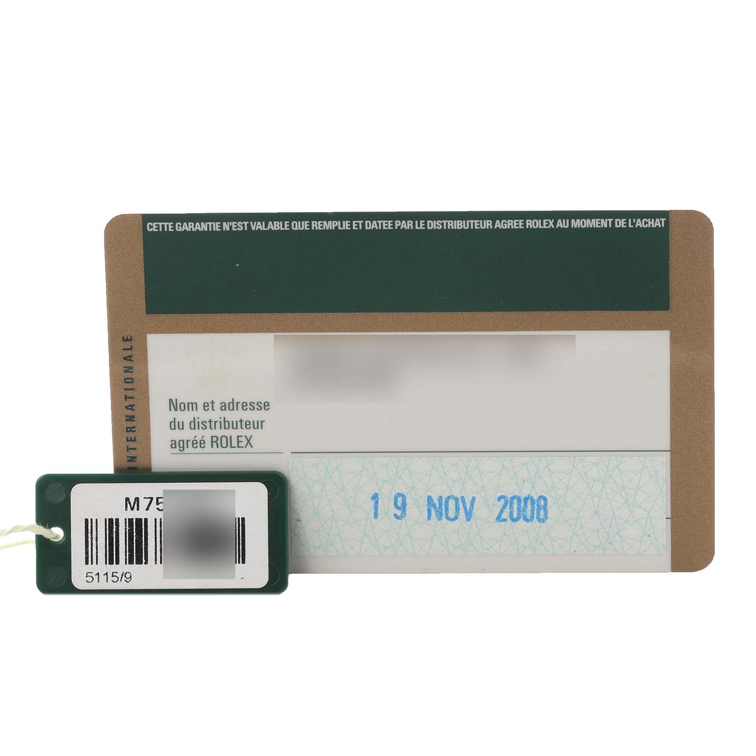 The image shows warranty card and tag accessories for a Rolex Cellini 5115 Men's White Gold Mother of Pearl Dial 5115 Men's White Gold Mother of Pearl Dial watch.