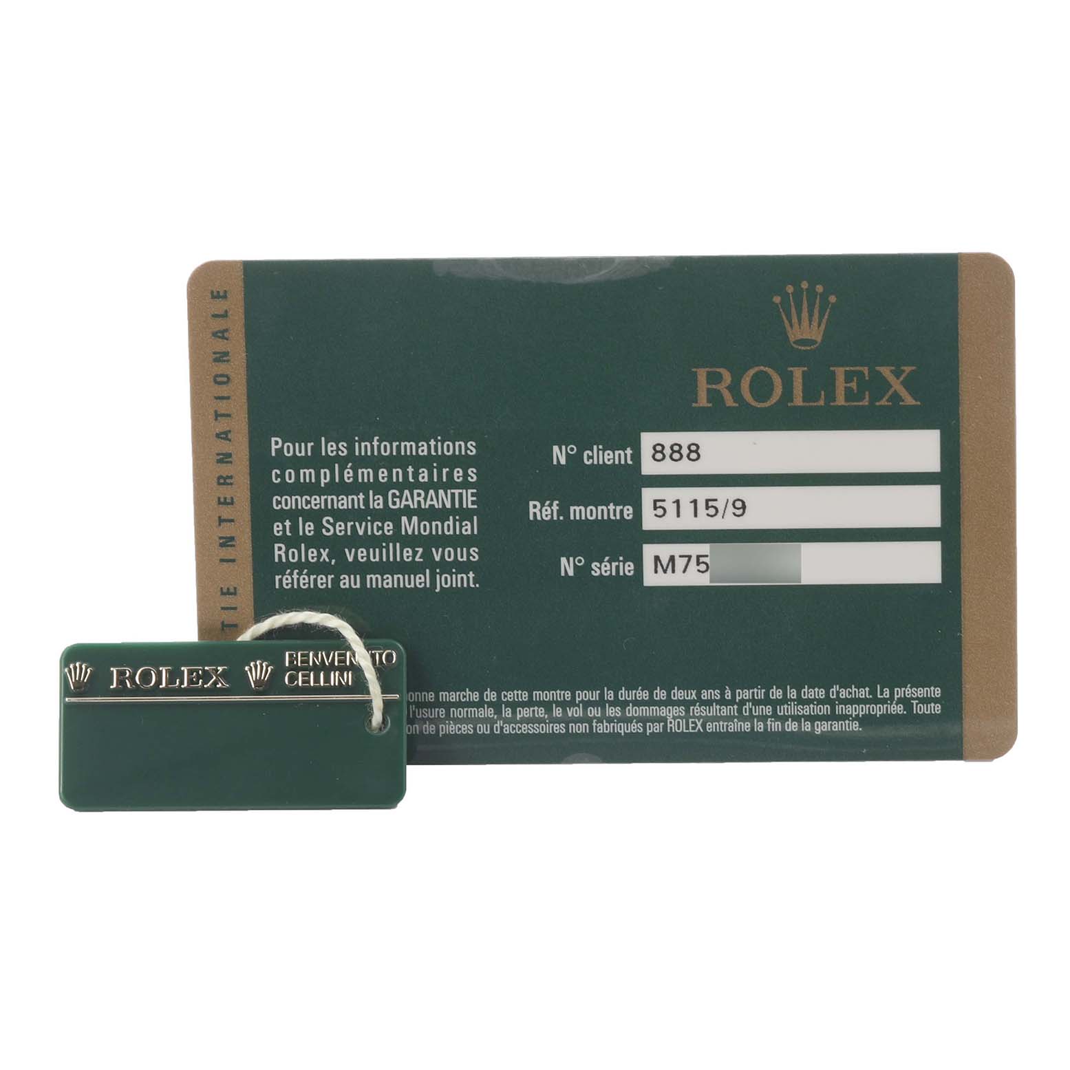 The image shows a warranty card and a tag for the Rolex Cellini 5115 Men's White Gold Mother of Pearl Dial 5115 Men's White Gold Mother of Pearl Dial watch, displaying model and serial details.
