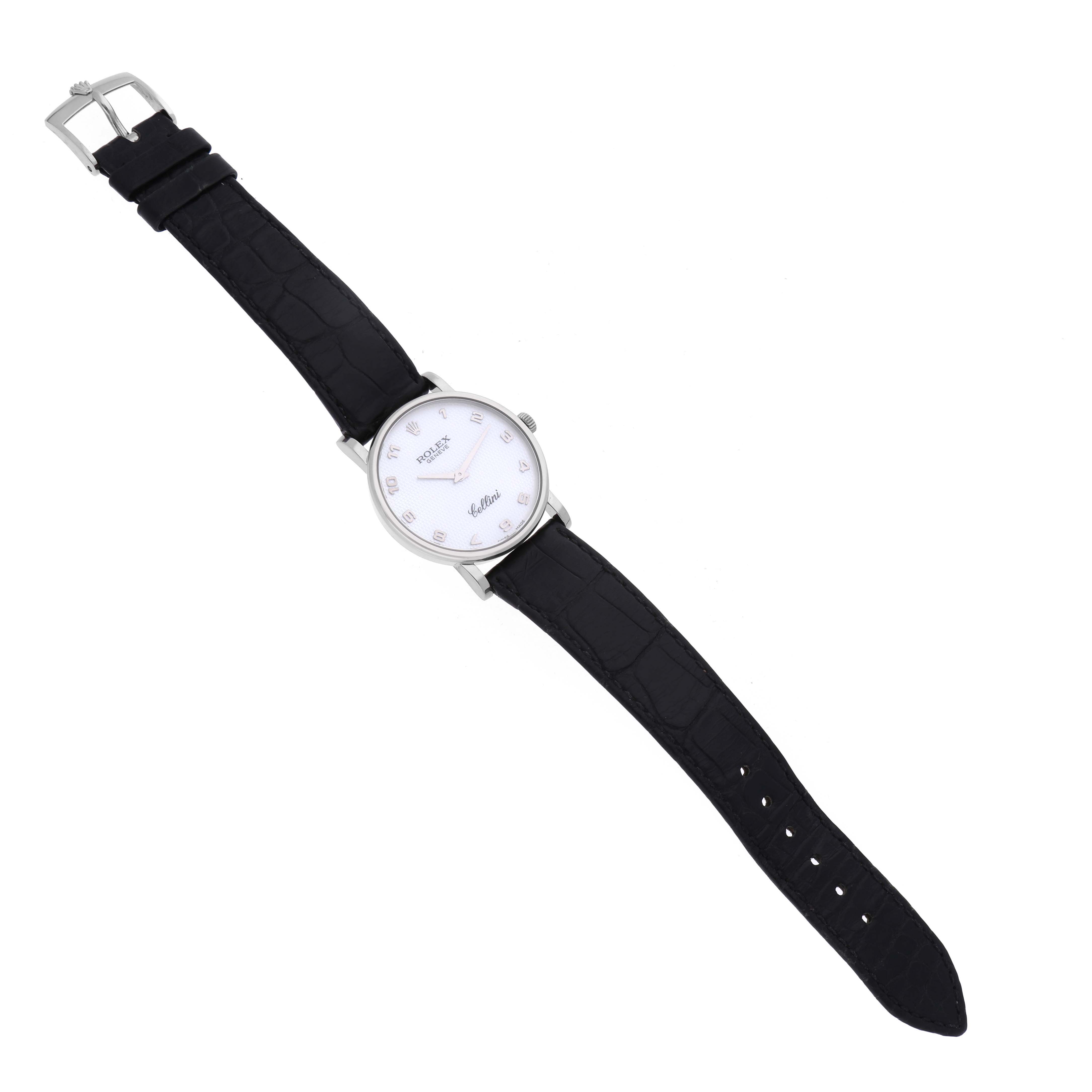 The Rolex Cellini 5115 Men's White Gold Mother of Pearl Dial 5115 Men's White Gold Mother of Pearl Dial watch is shown from a top view, displaying the full face, leather strap, and buckle.