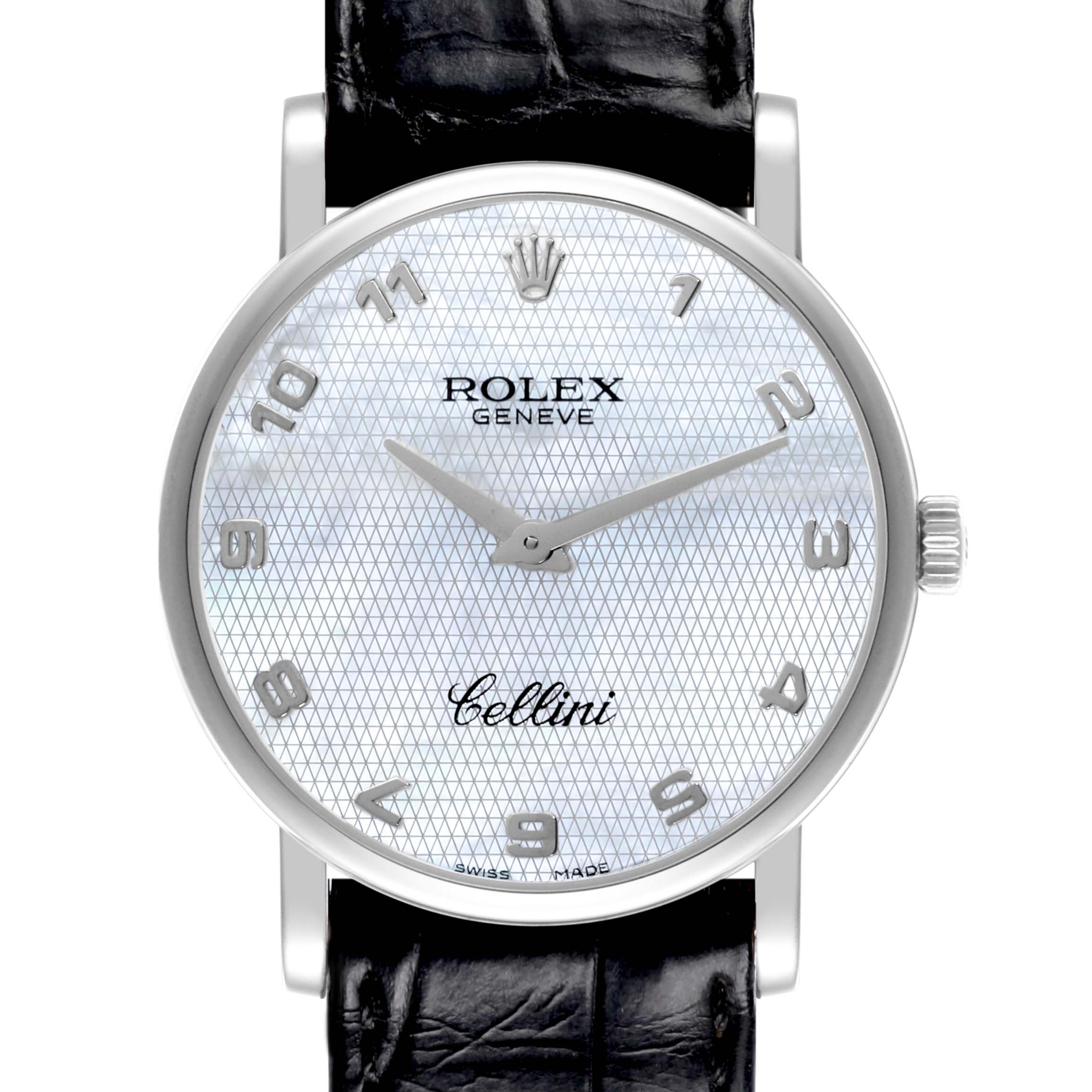The Rolex Cellini 5115 Men's White Gold Mother of Pearl Dial 5115 Men's White Gold Mother of Pearl Dial watch is shown from the front, displaying the dial, hands, and part of the leather strap.
