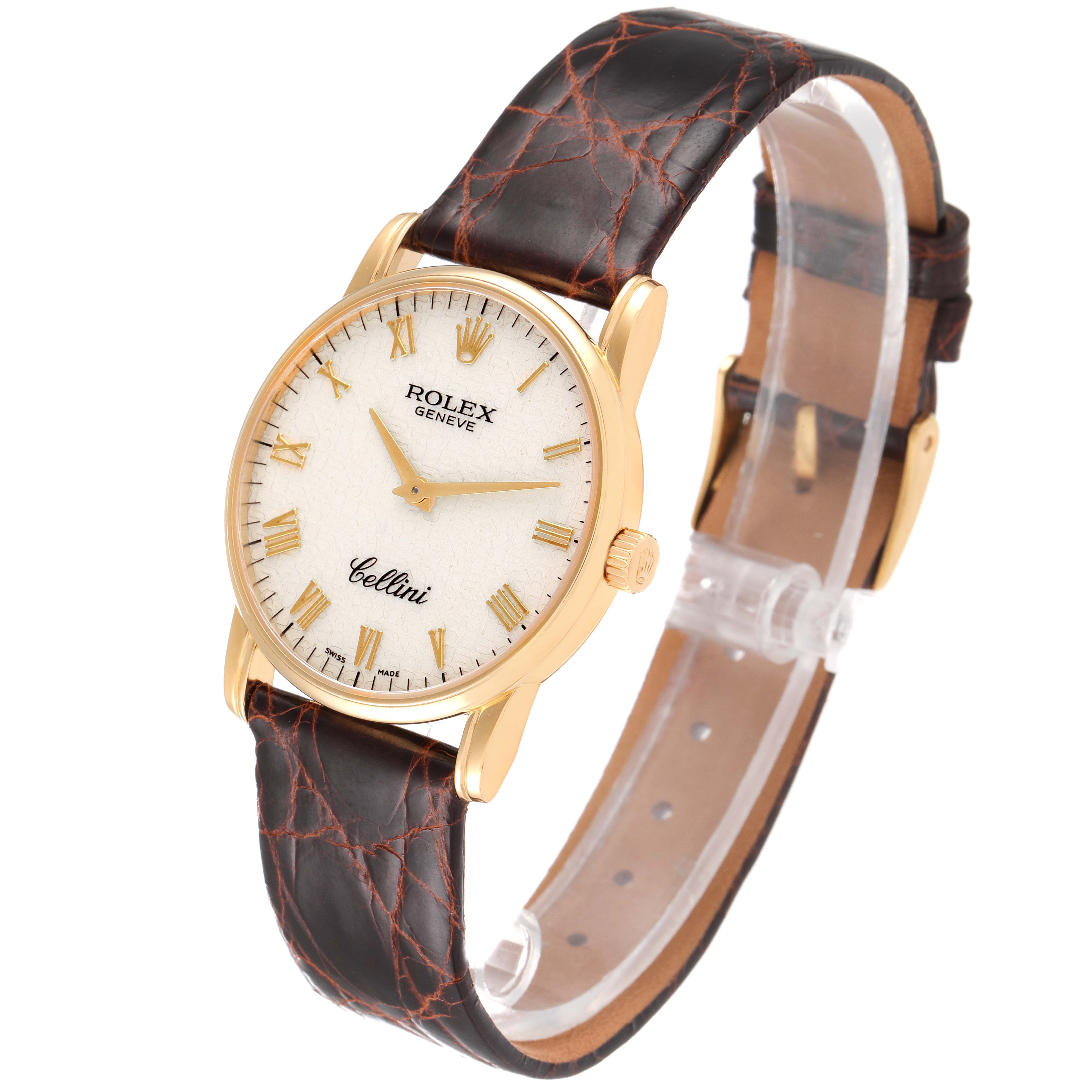 The Rolex Cellini 5116/8 Men's Yellow Gold Beige Dial 5116/8 Men's Yellow Gold Beige Dial watch is shown at a slight left angle, highlighting the dial, bezel, leather strap, and crown.