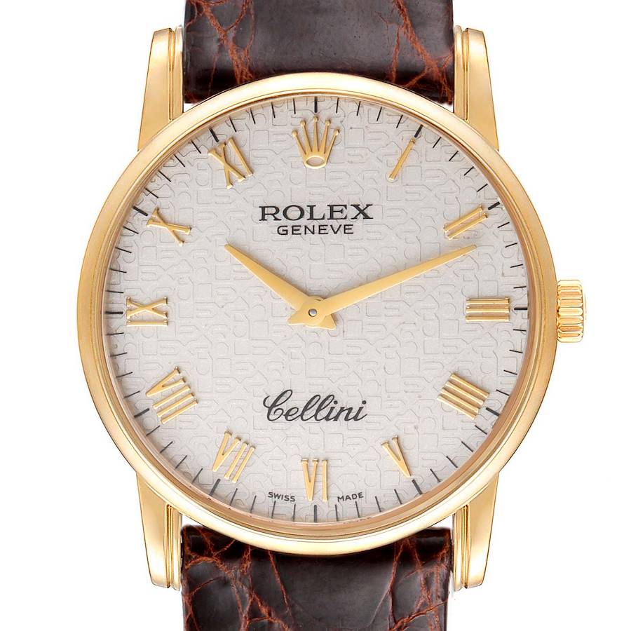 Rolex Cellini Classic Yellow Gold Anniversary Dial Black Strap Watch 5116 Box P SwissWatchExpo