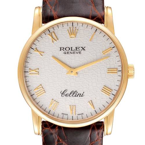 Photo of Rolex Cellini Classic Yellow Gold Anniversary Dial Black Strap Watch 5116 Box P