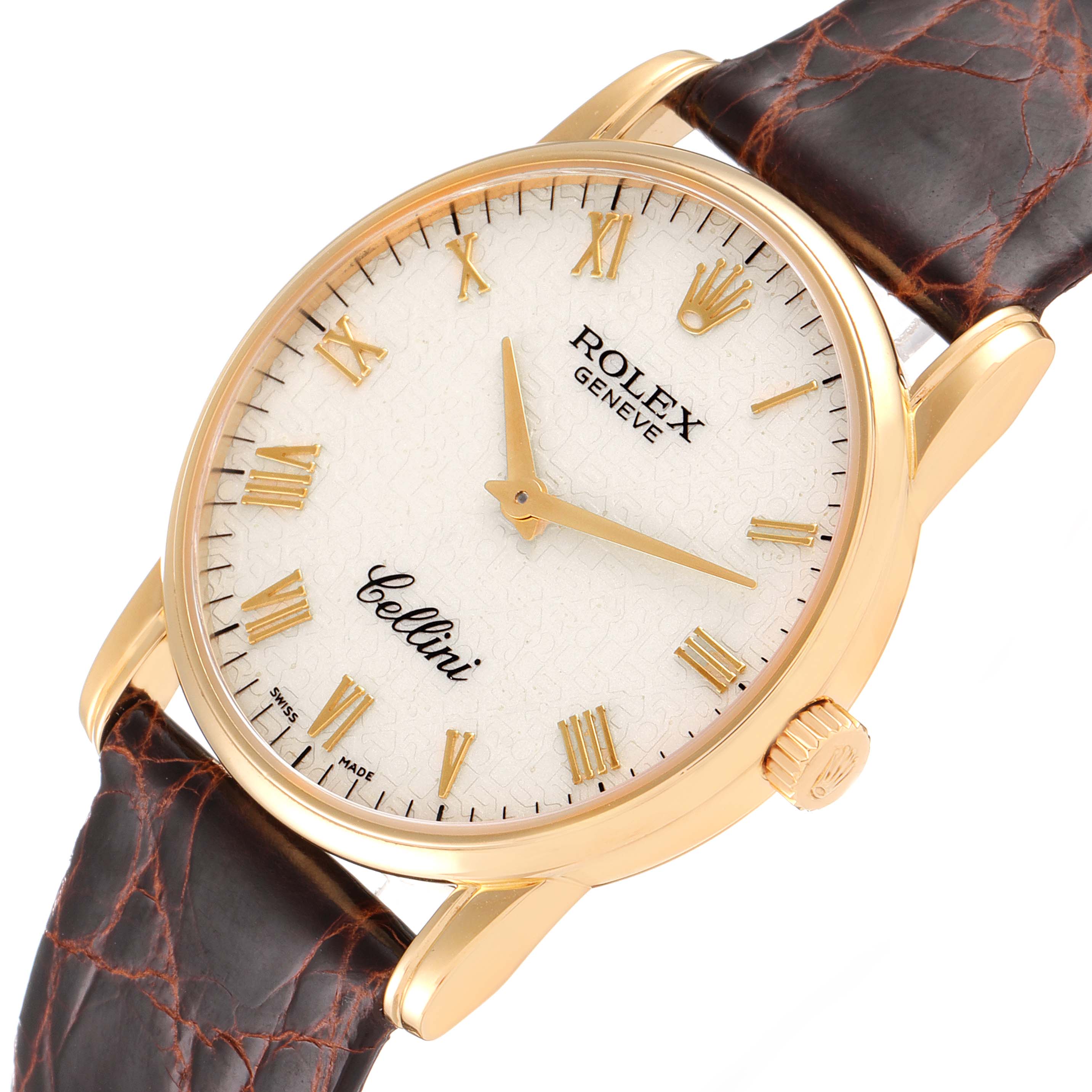 The image shows a close-up of the Rolex Cellini 5116/8 Men's Yellow Gold Beige Dial 5116/8 Men's Yellow Gold Beige Dial watch face, including its gold case, Roman numerals, and brown leather strap.
