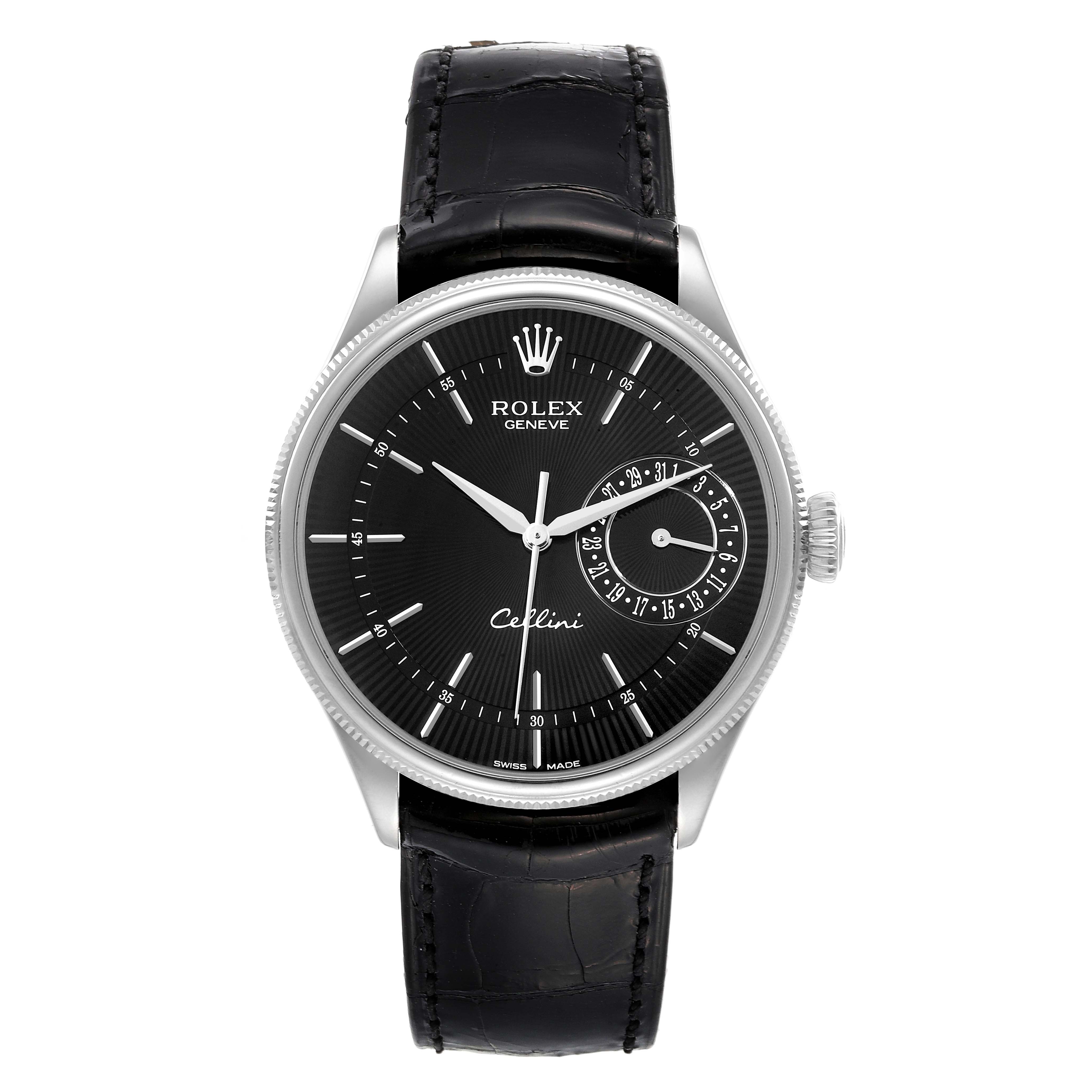 The image shows a front view of a Rolex Cellini 50519 Men's White Gold Black Dial 50519 Men's White Gold Black Dial model watch, displaying its face, bezel, crown, and leather strap.