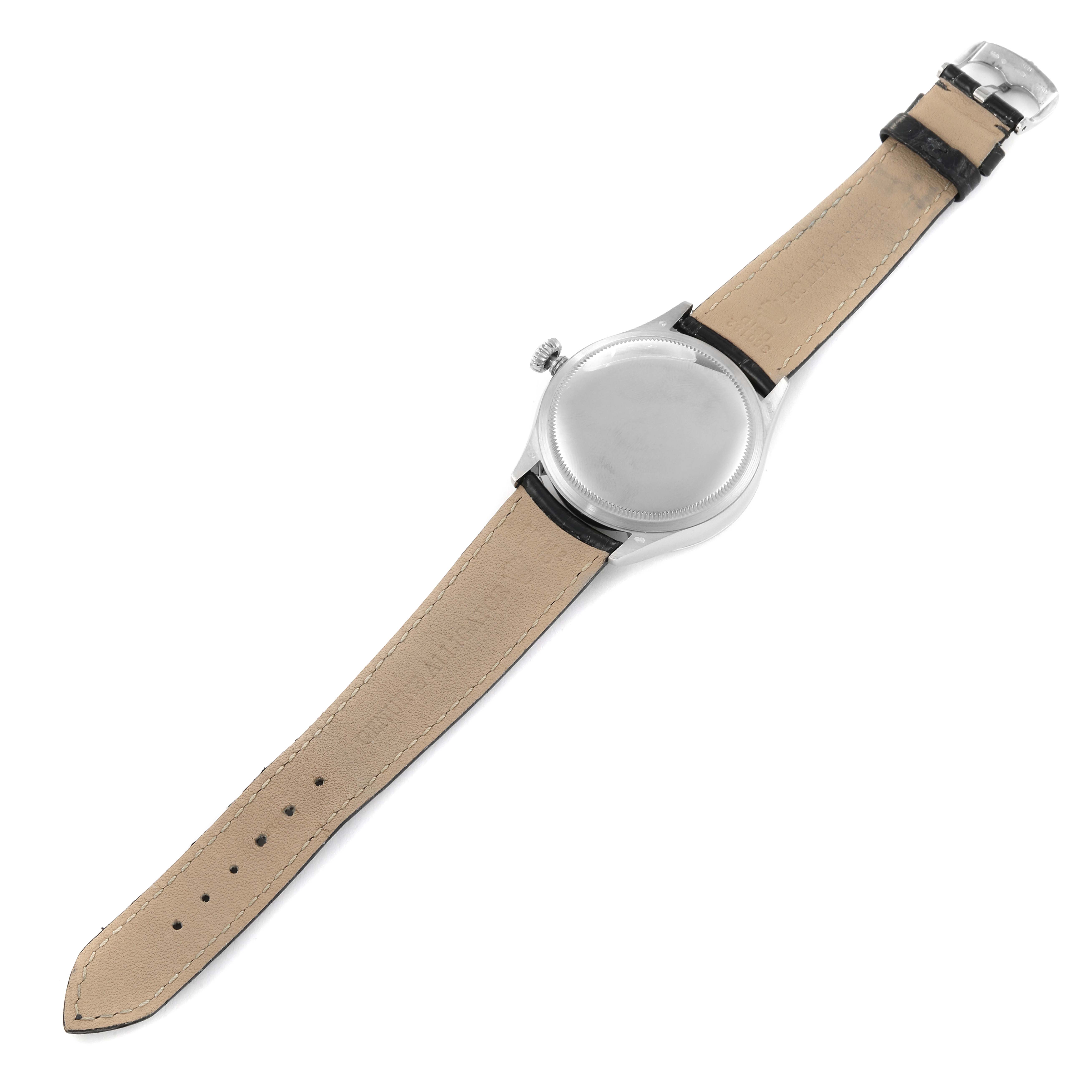 This image shows the back view and strap of a Rolex Cellini 50519 Men's White Gold Black Dial 50519 Men's White Gold Black Dial watch, displaying the case back and buckle.