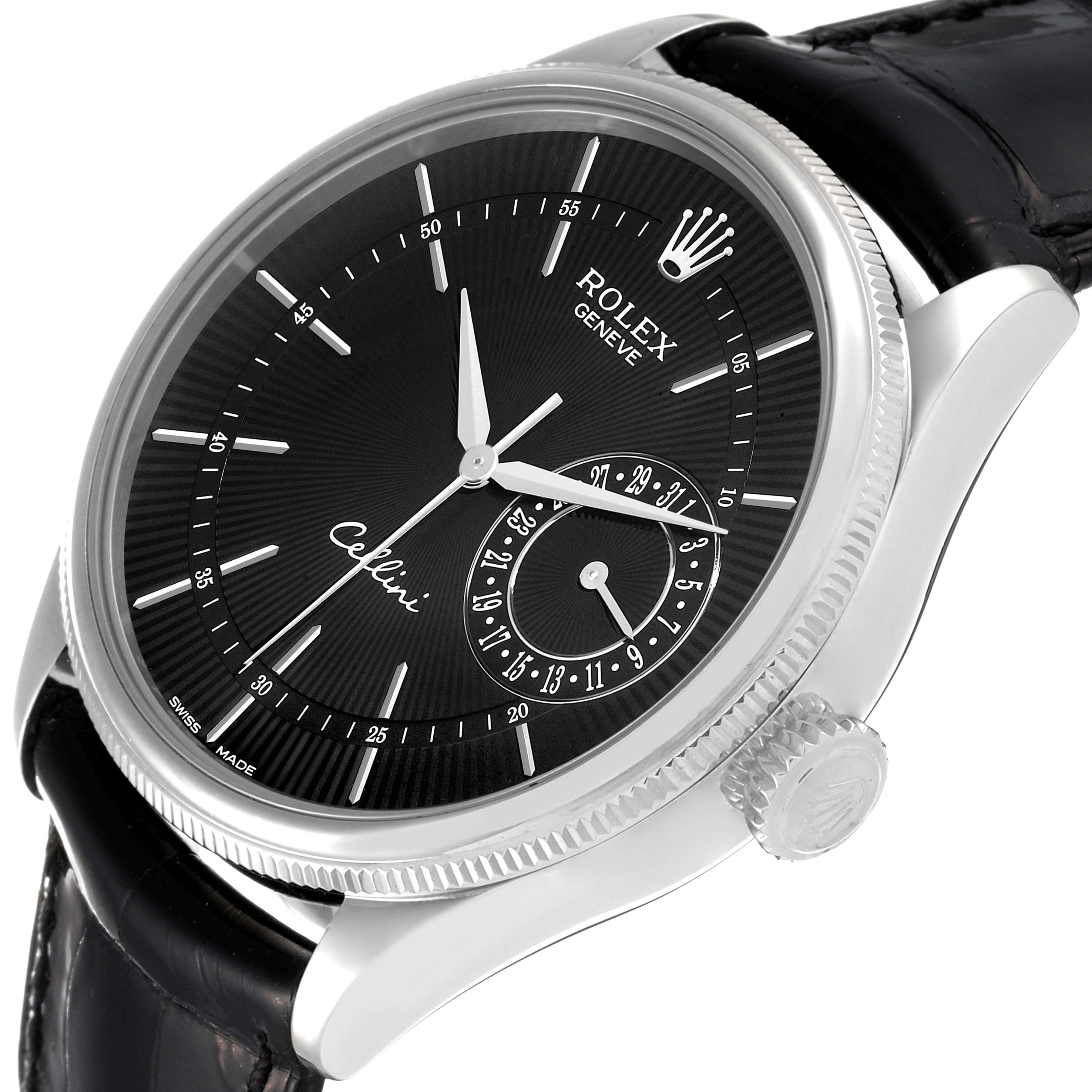 The Rolex Cellini 50519 Men's White Gold Black Dial 50519 Men's White Gold Black Dial watch is shown at a slight angle with its face, dial, crown, and part of the black leather strap visible.
