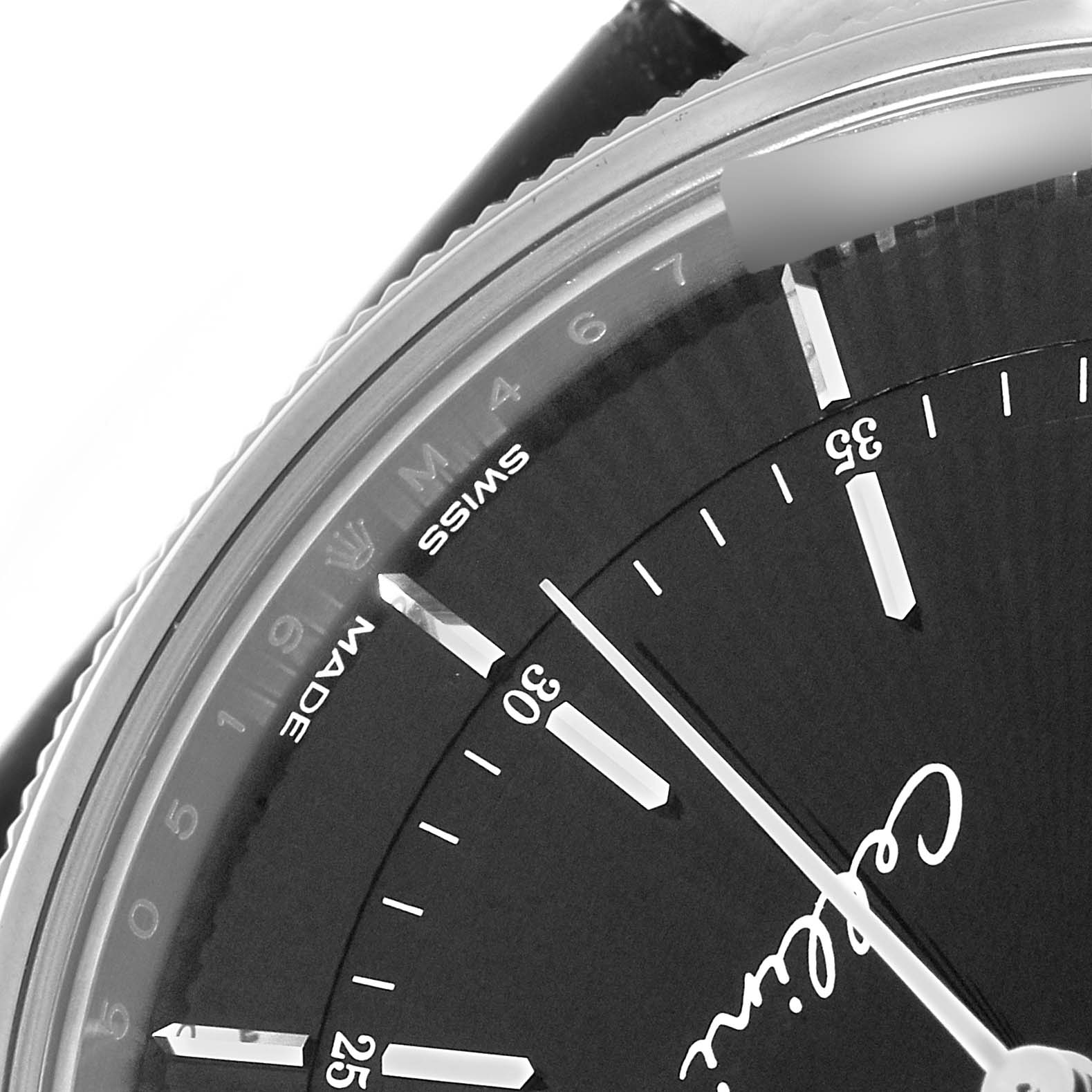 The image shows a close-up of the dial's upper section of a Rolex Cellini 50519 Men's White Gold Black Dial 50519 Men's White Gold Black Dial watch, including hands and minute markers.