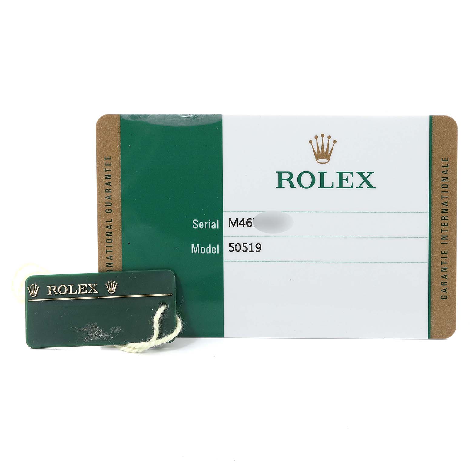 The image shows an official Rolex warranty card and tag for the Cellini model.