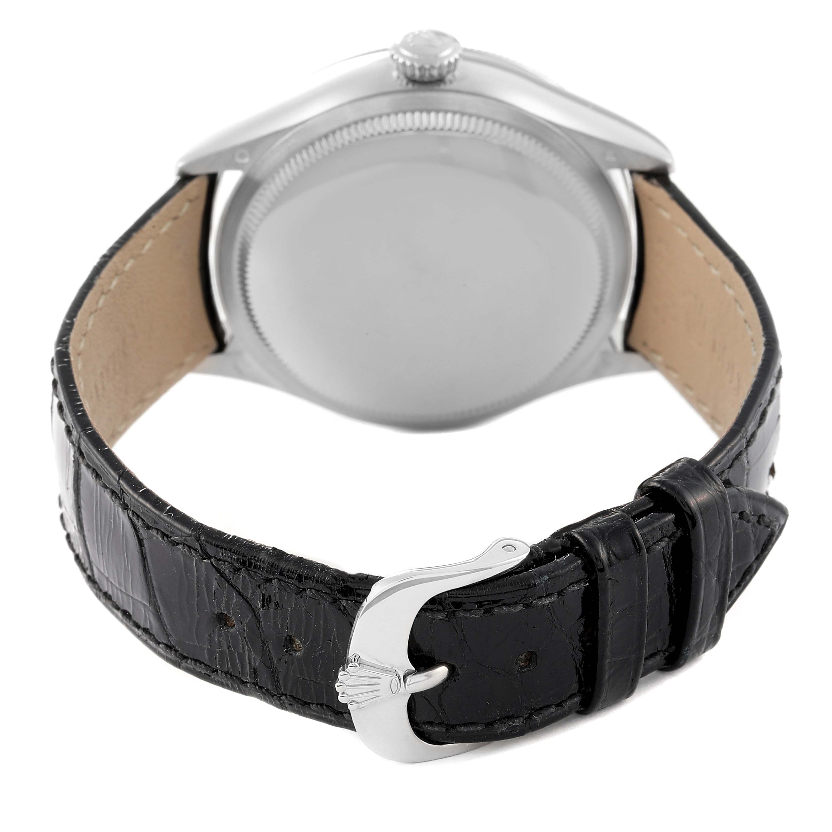 The image shows the back of a Rolex Cellini 50519 Men's White Gold Black Dial 50519 Men's White Gold Black Dial watch, highlighting its black leather strap and clasp from a rear angle.