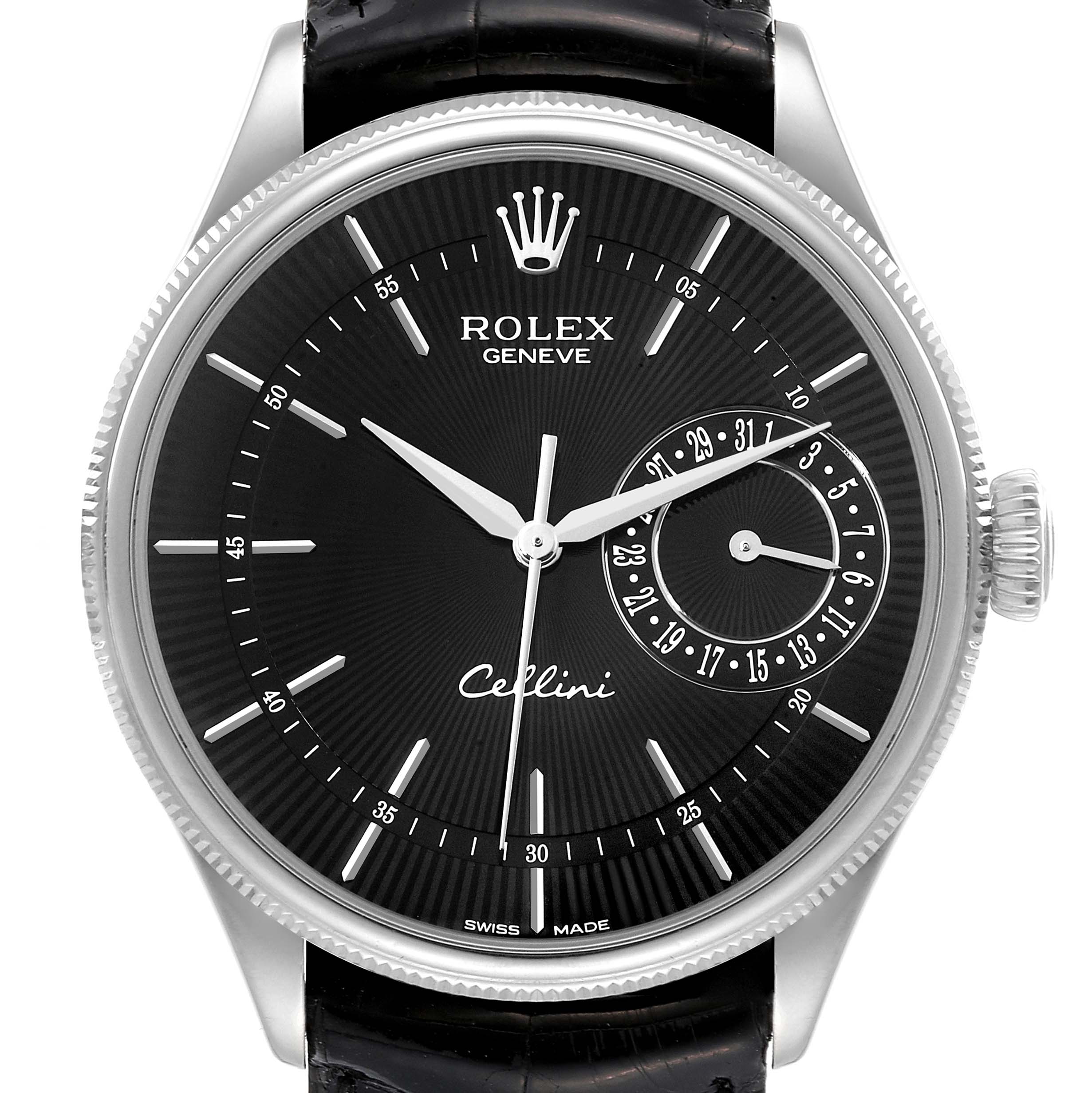 This image shows a front view of a Rolex Cellini 50519 Men's White Gold Black Dial 50519 Men's White Gold Black Dial model watch with a black dial and date subdial.