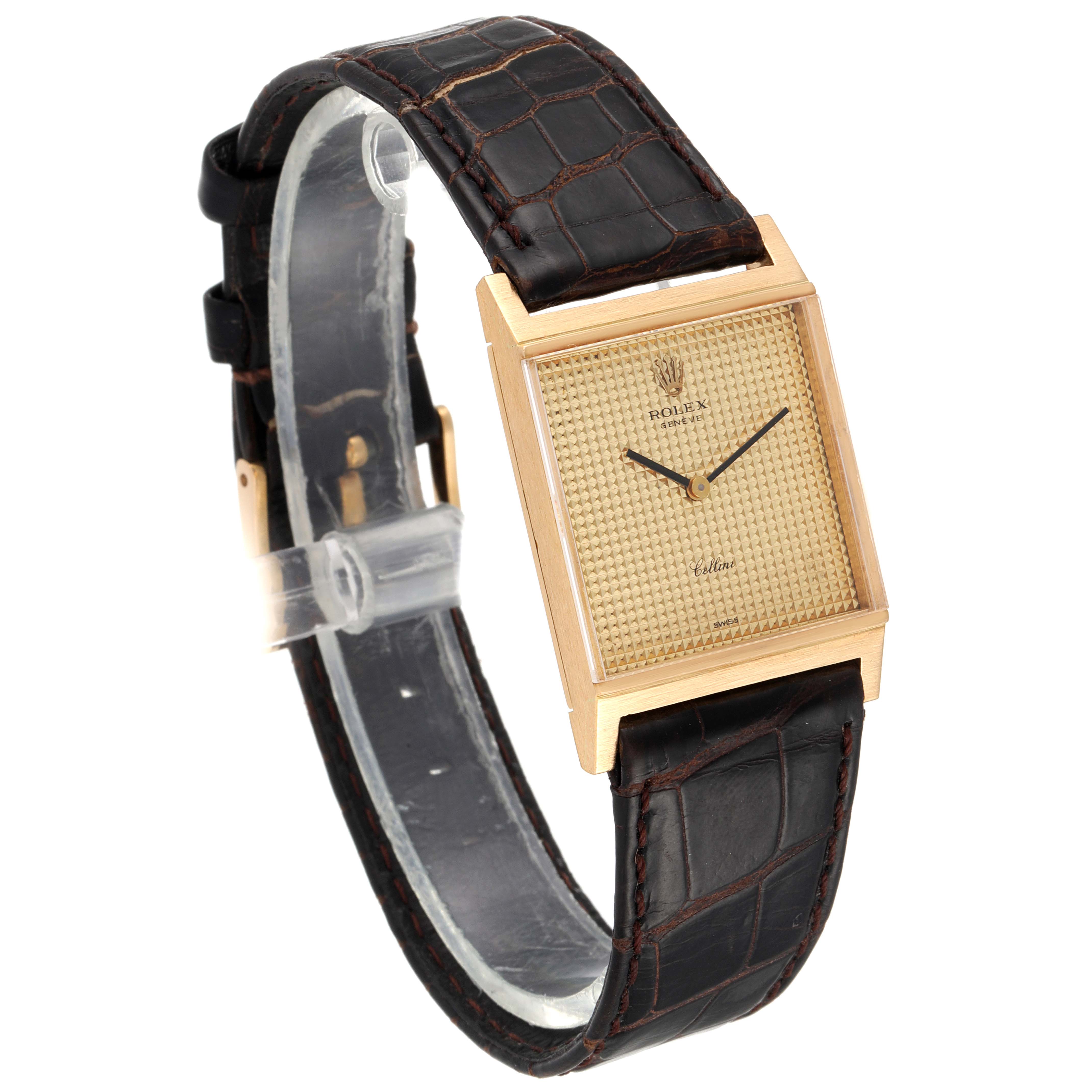 The image shows a Rolex Cellini 4312 Men's Yellow Gold Champagne Dial 4312 Men's Yellow Gold Champagne Dial watch at a slight angle, highlighting the gold rectangular face and dark brown leather strap.