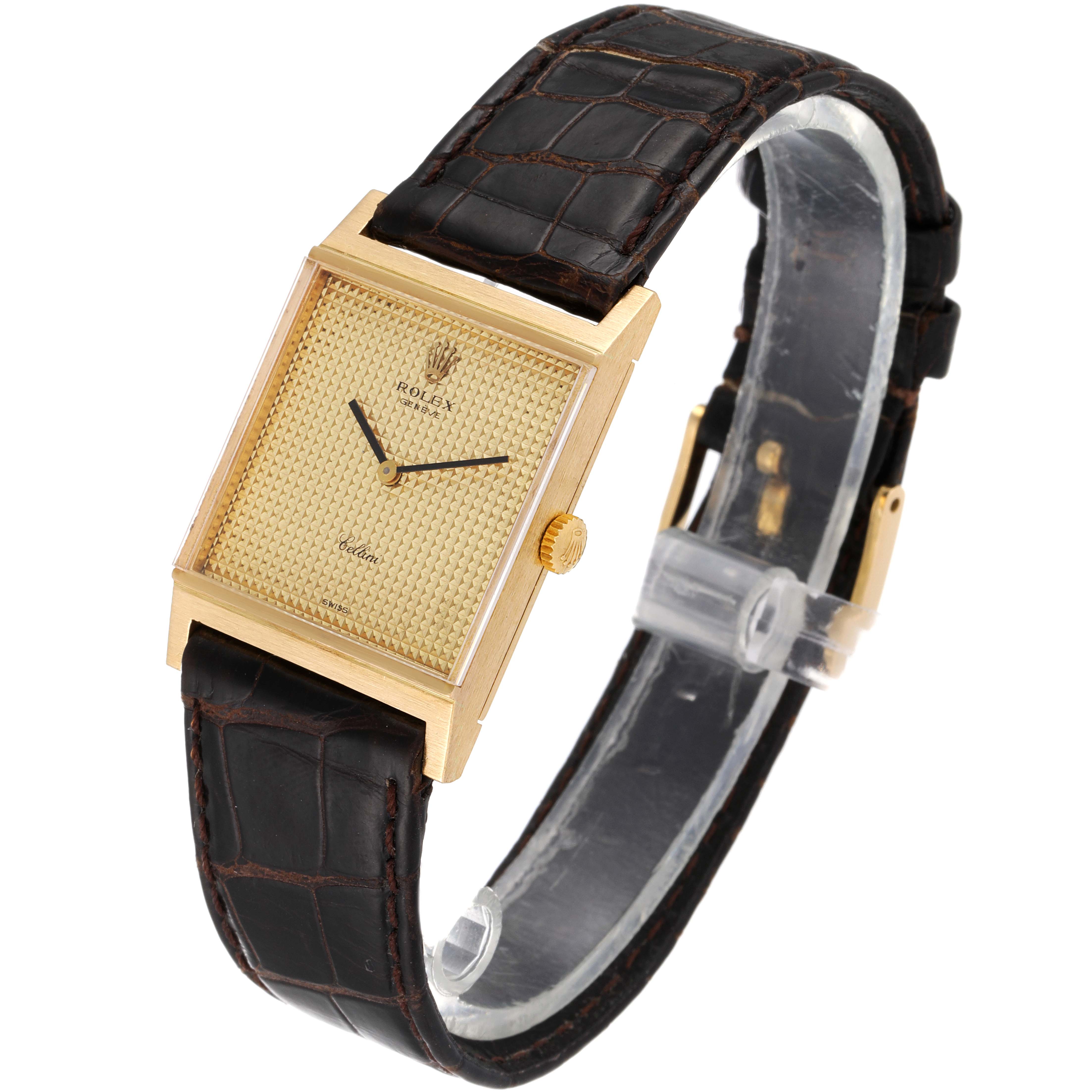 The Rolex Cellini 4312 Men's Yellow Gold Champagne Dial 4312 Men's Yellow Gold Champagne Dial watch is shown at a slight angle from the front, displaying the face, bracelet, and clasp.