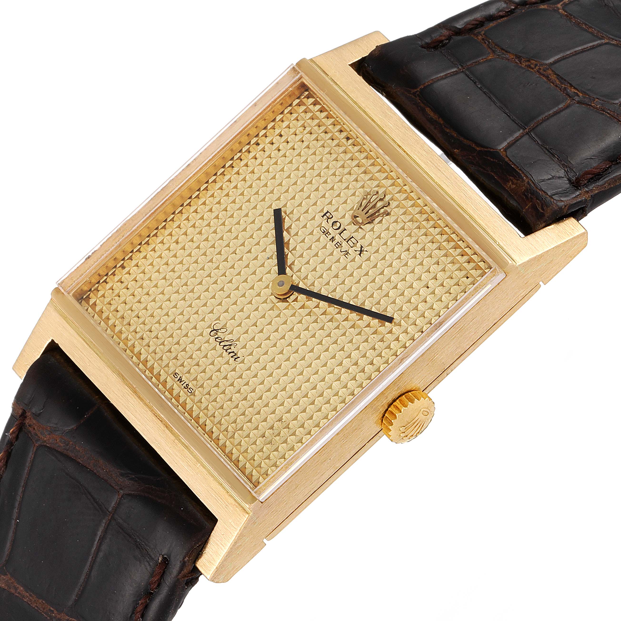 The image shows a close-up angled view of a Rolex Cellini 4312 Men's Yellow Gold Champagne Dial 4312 Men's Yellow Gold Champagne Dial watch, highlighting its rectangular dial, gold crown, and leather strap.