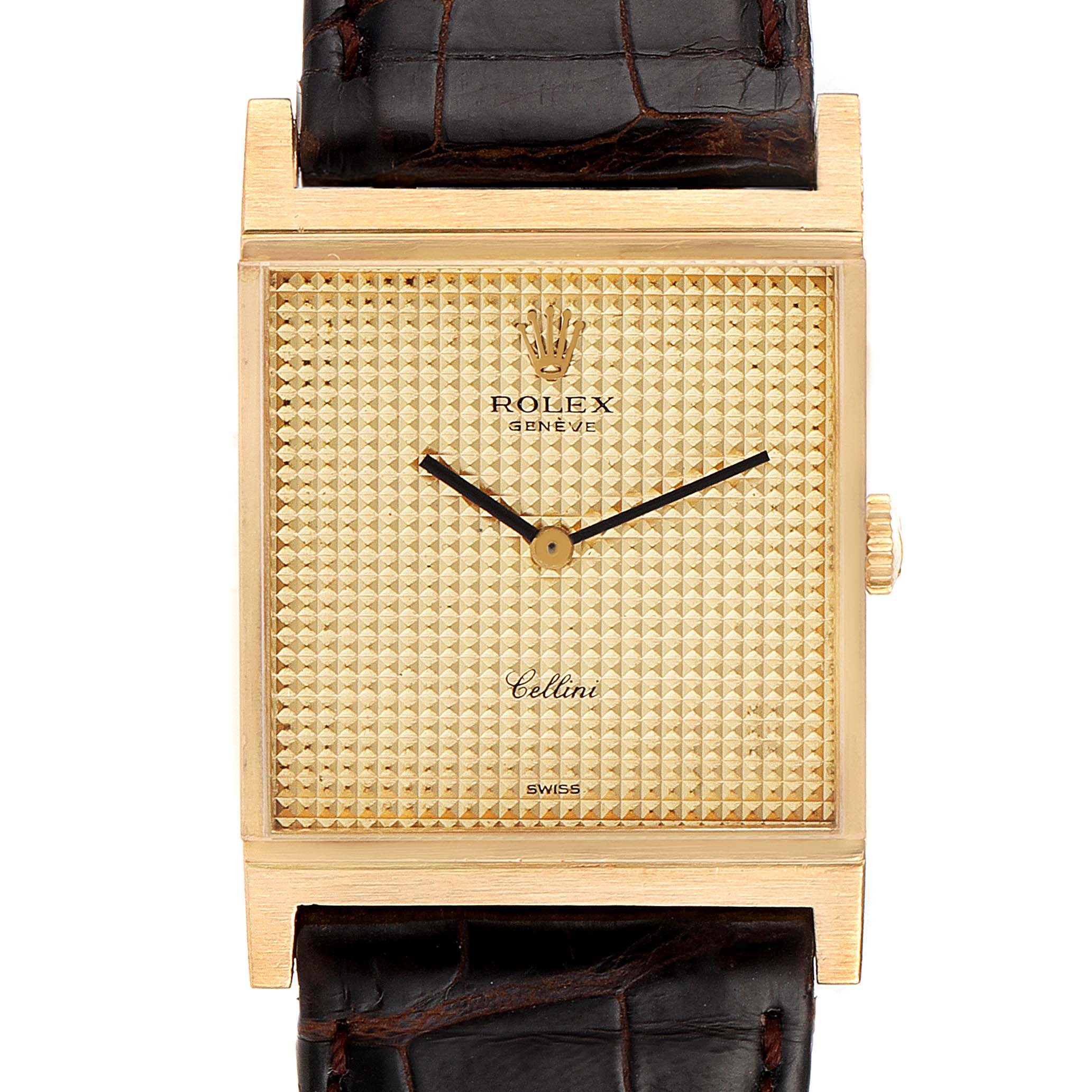 This image shows a frontal view of the Rolex Cellini 4312 Men's Yellow Gold Champagne Dial 4312 Men's Yellow Gold Champagne Dial watch, highlighting its gold dial, case, and leather strap.