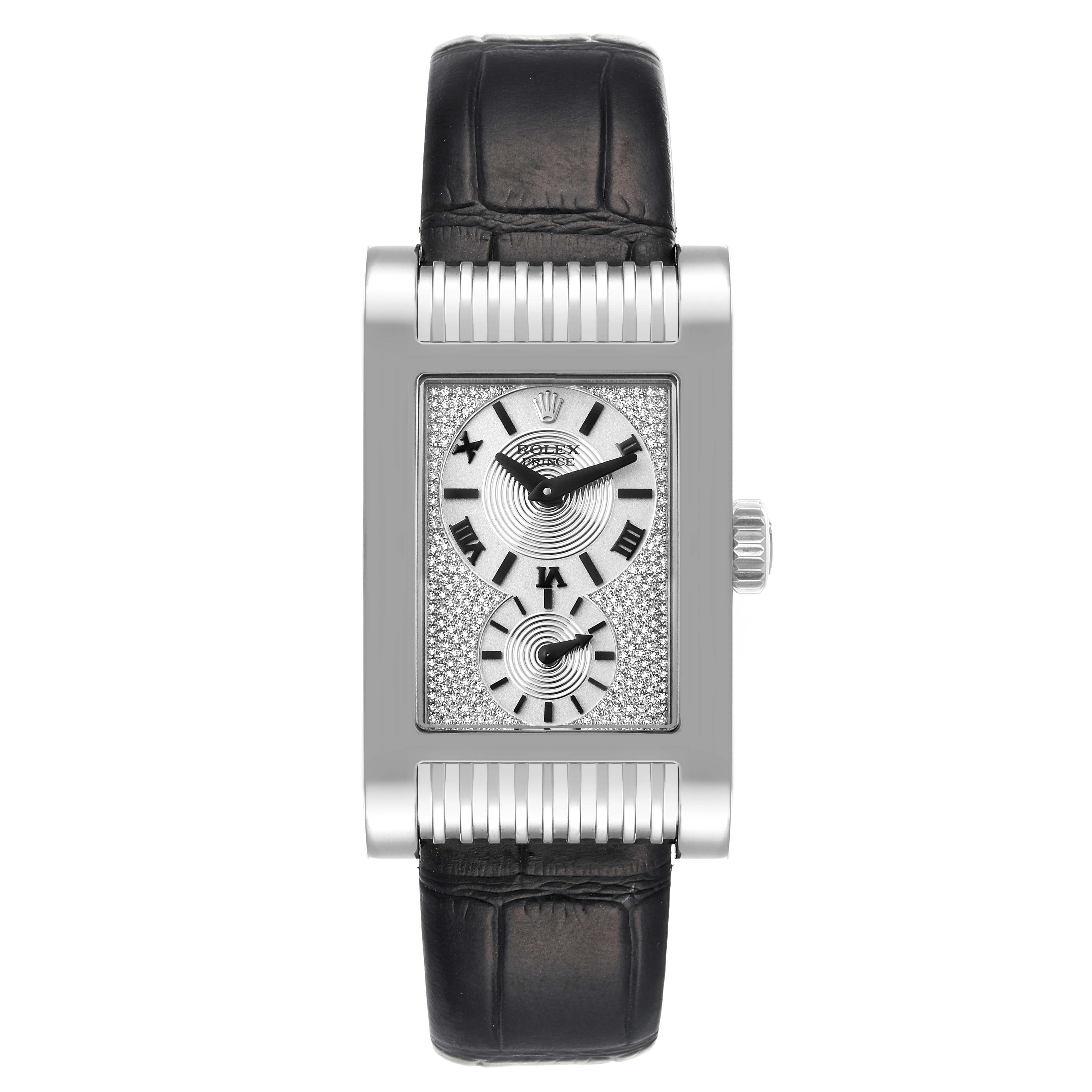 The image shows a front view of a Rolex Cellini 5441 Men's White Gold Silver Dial 5441 Men's White Gold Silver Dial watch with a rectangular face, intricate dials, and a leather strap.