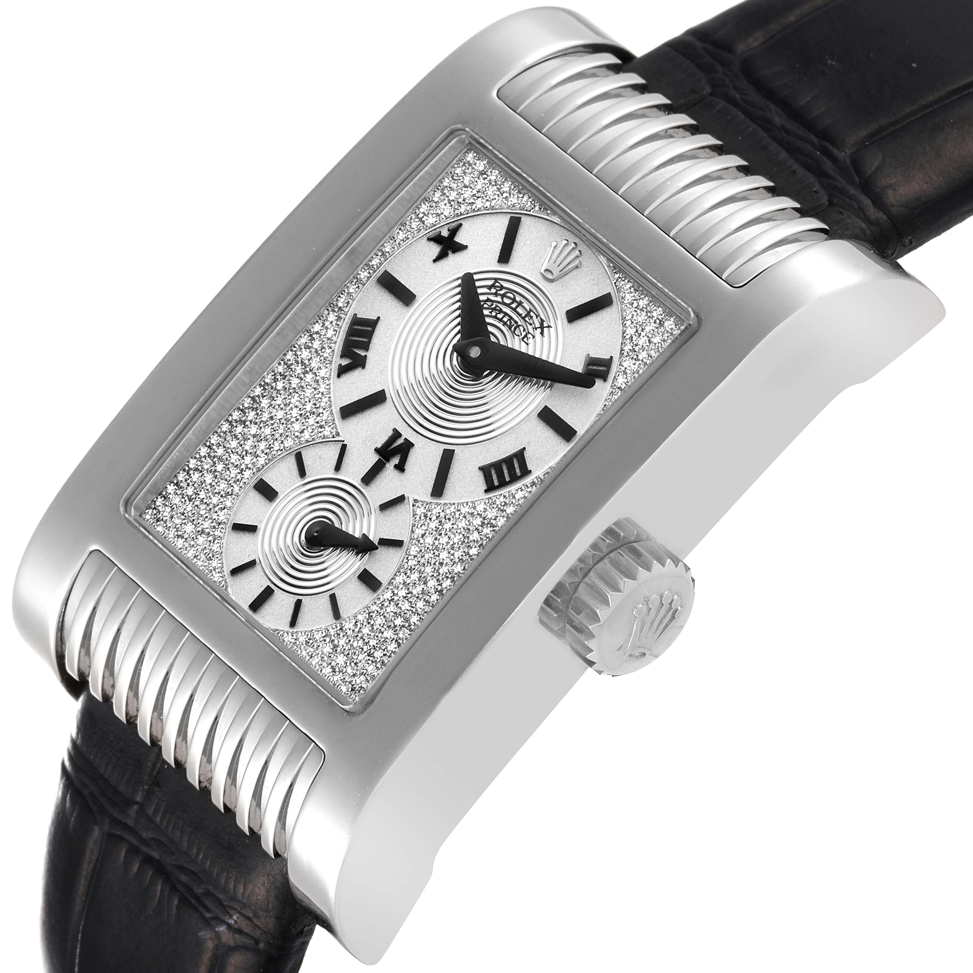 This Rolex Cellini 5441 Men's White Gold Silver Dial 5441 Men's White Gold Silver Dial watch is shown from an angled side view, featuring its dial, crown, and part of the leather strap.