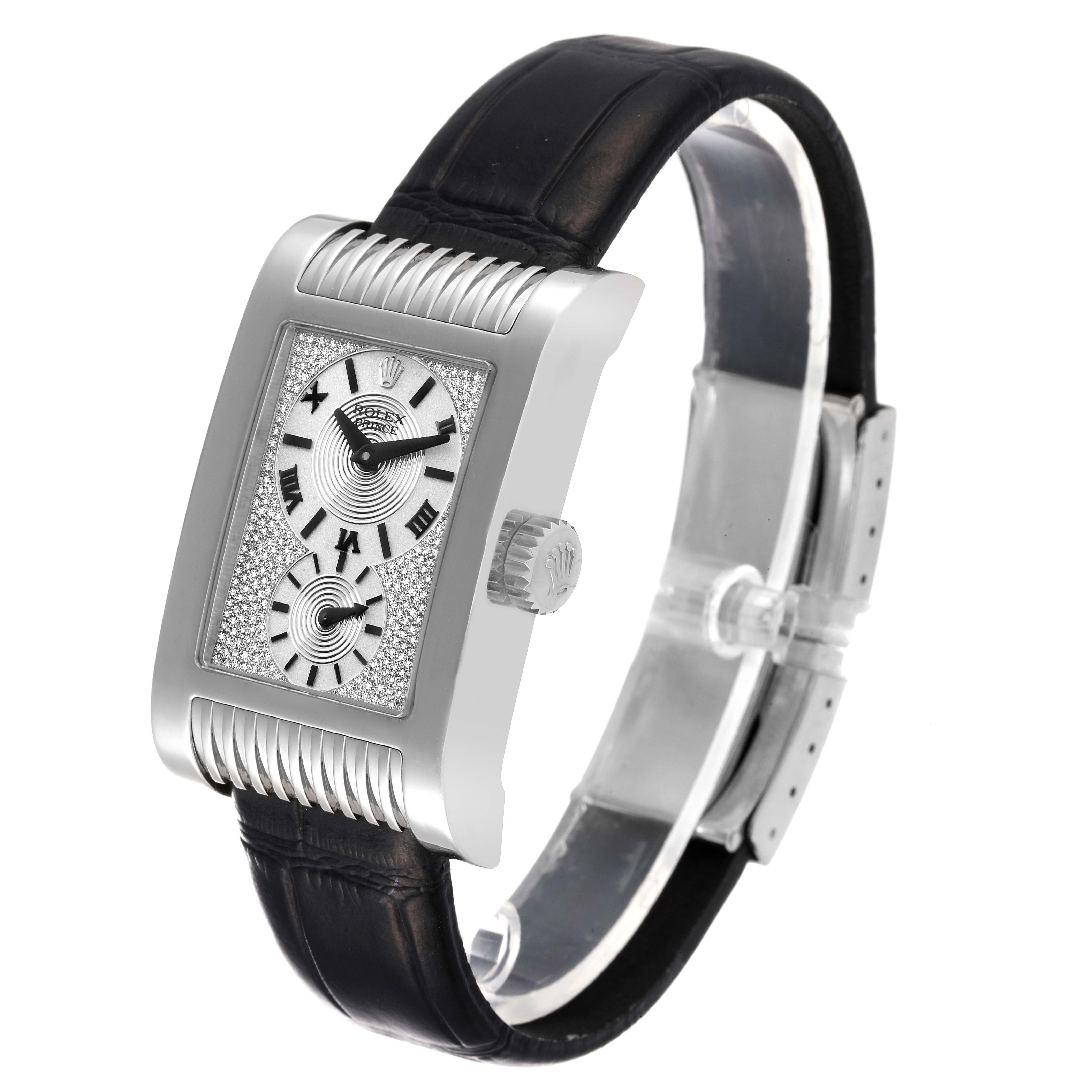 The Rolex Cellini 5441 Men's White Gold Silver Dial 5441 Men's White Gold Silver Dial watch is shown at an angle displaying its face, crown, and black leather strap.