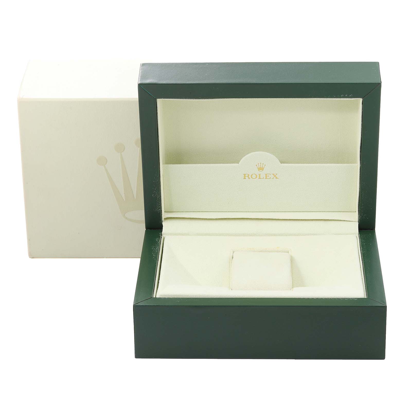 The image shows an open Rolex Cellini 5441 Men's White Gold Silver Dial 5441 Men's White Gold Silver Dial watch box with the outer packaging beside it, viewed from the front.