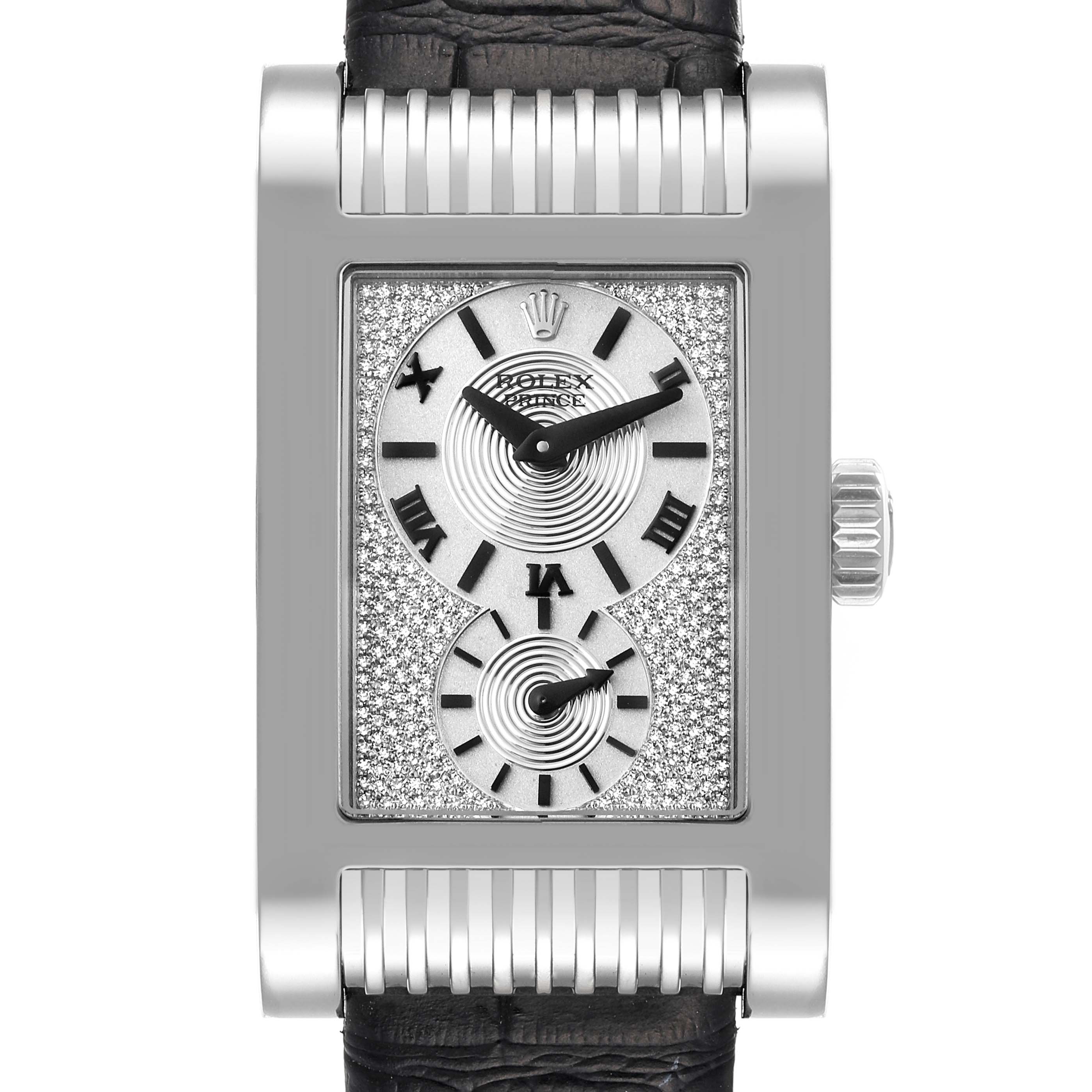 The image shows a front view of a Rolex Cellini 5441 Men's White Gold Silver Dial 5441 Men's White Gold Silver Dial watch, showcasing its rectangular face, dual dials, diamond setting, crown, and black leather strap.