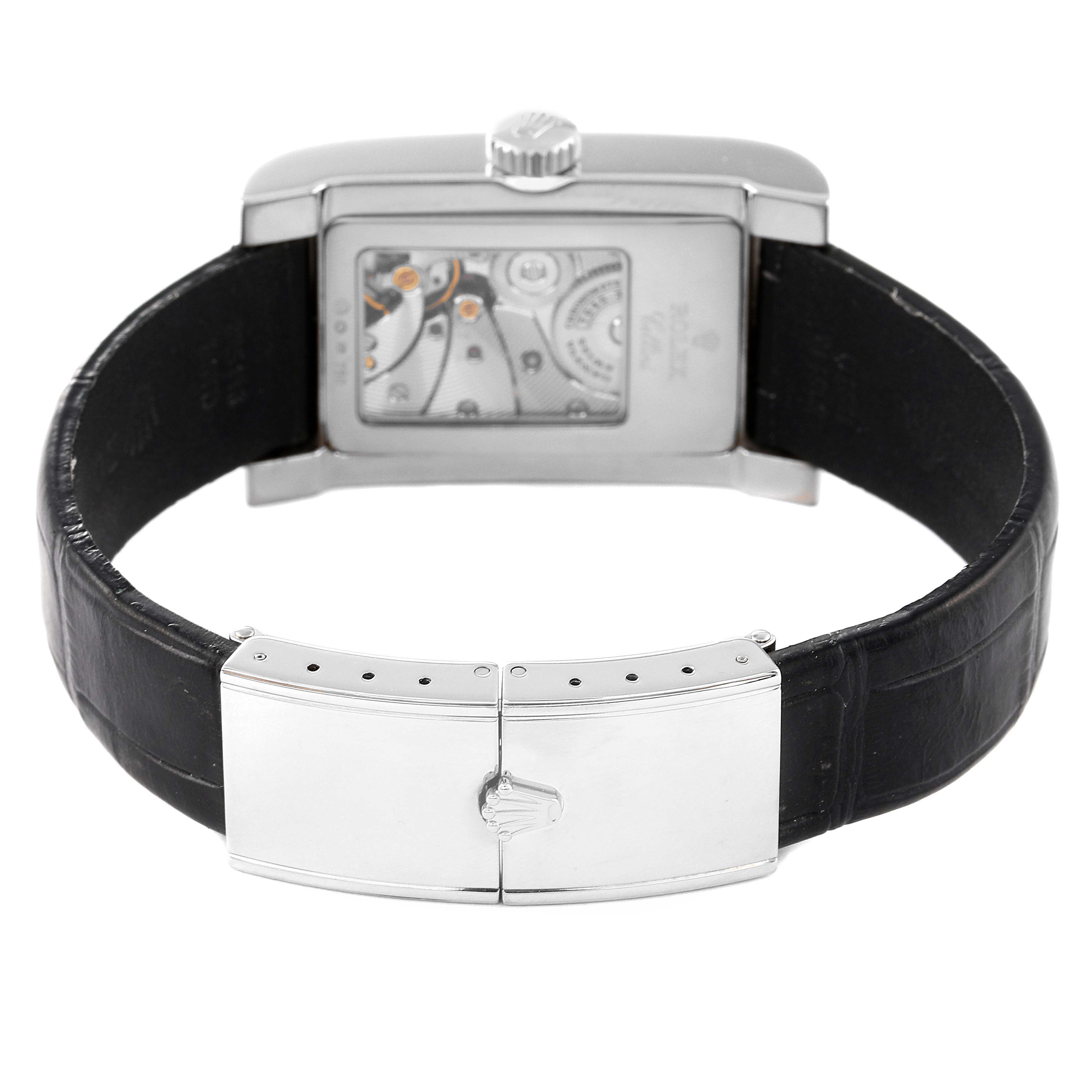 The image shows the back view of a Rolex Cellini 5441 Men's White Gold Silver Dial 5441 Men's White Gold Silver Dial watch, highlighting its black leather strap and visible mechanical movements.