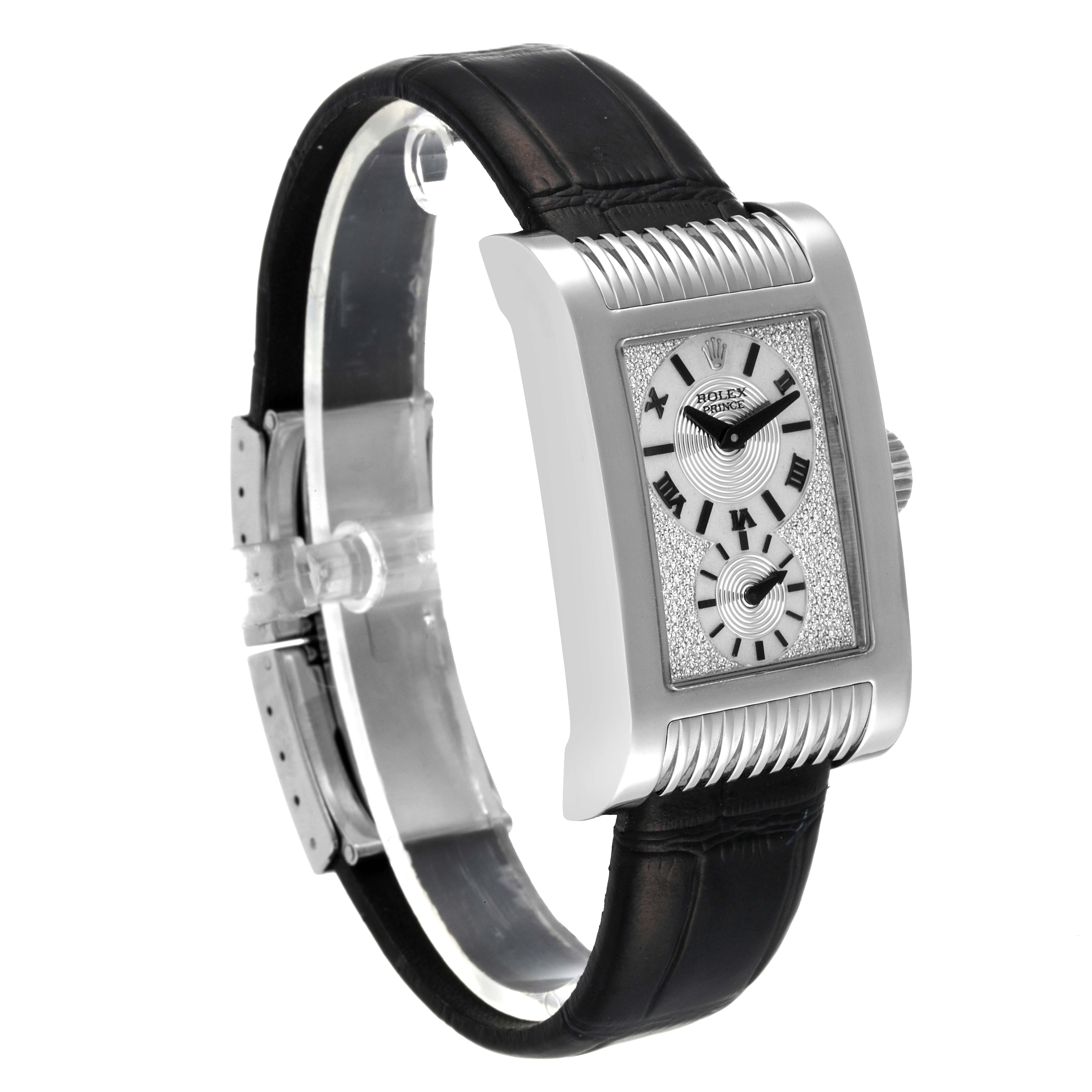 The image showcases a side angle of the Rolex Cellini 5441 Men's White Gold Silver Dial 5441 Men's White Gold Silver Dial watch, featuring its rectangular face, black leather strap, and metallic casing.