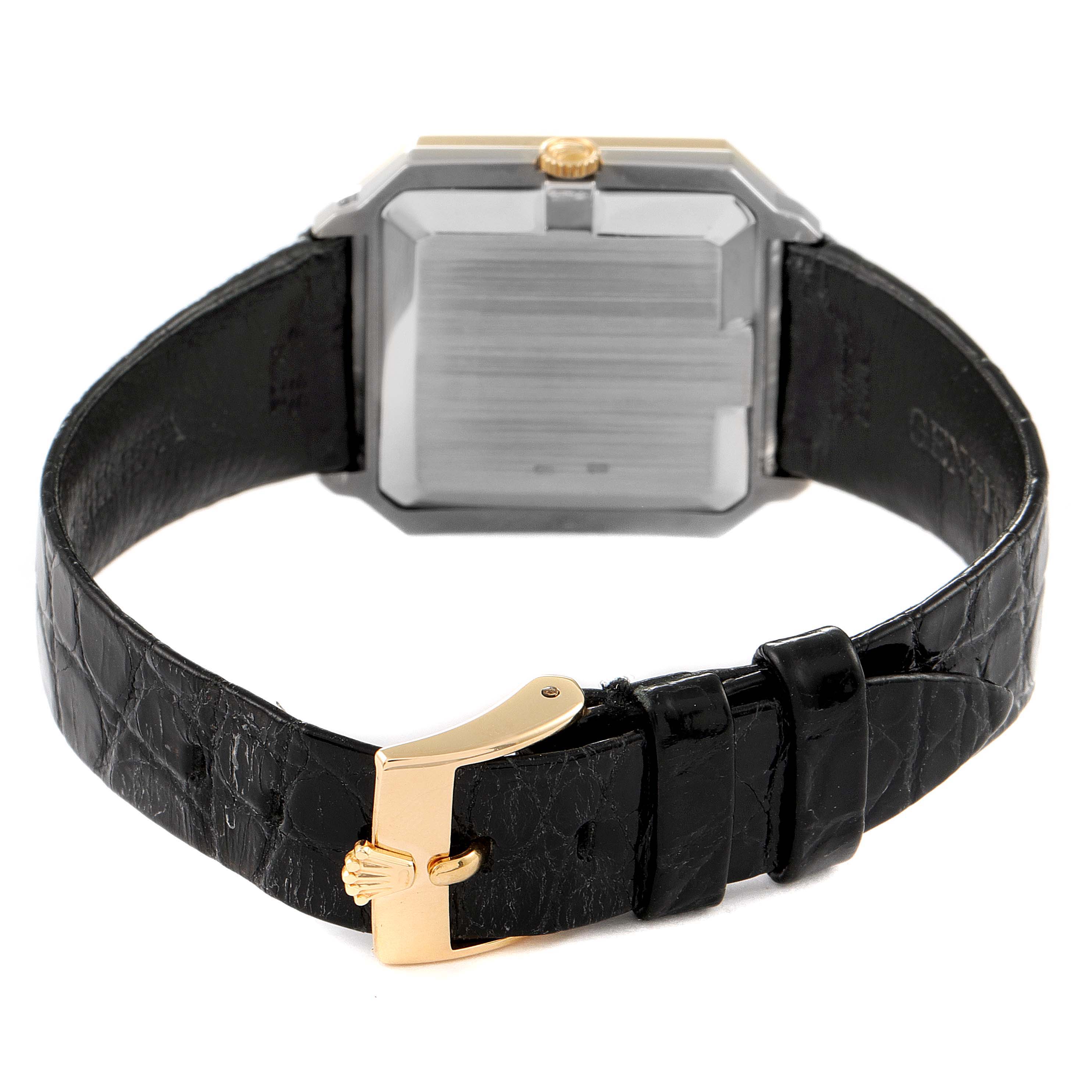 The image shows the back angle of a Rolex Cellini 5032 Men's White Gold Champagne Dial 5032 Men's White Gold Champagne Dial watch featuring its leather strap and clasp.