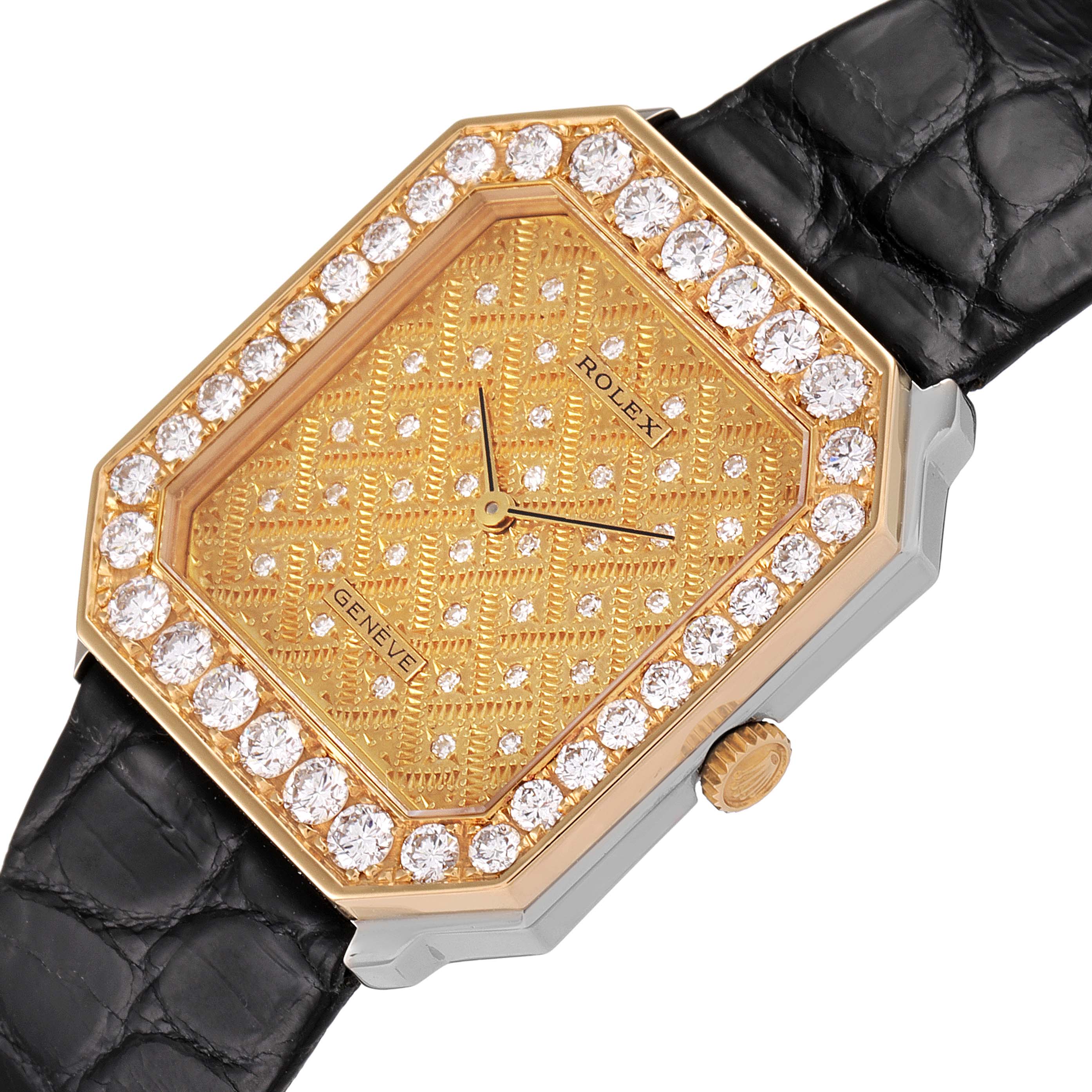 The image shows a close-up of a Rolex Cellini 5032 Men's White Gold Champagne Dial 5032 Men's White Gold Champagne Dial watch, highlighting its gold, diamond-studded rectangular face and black leather strap.