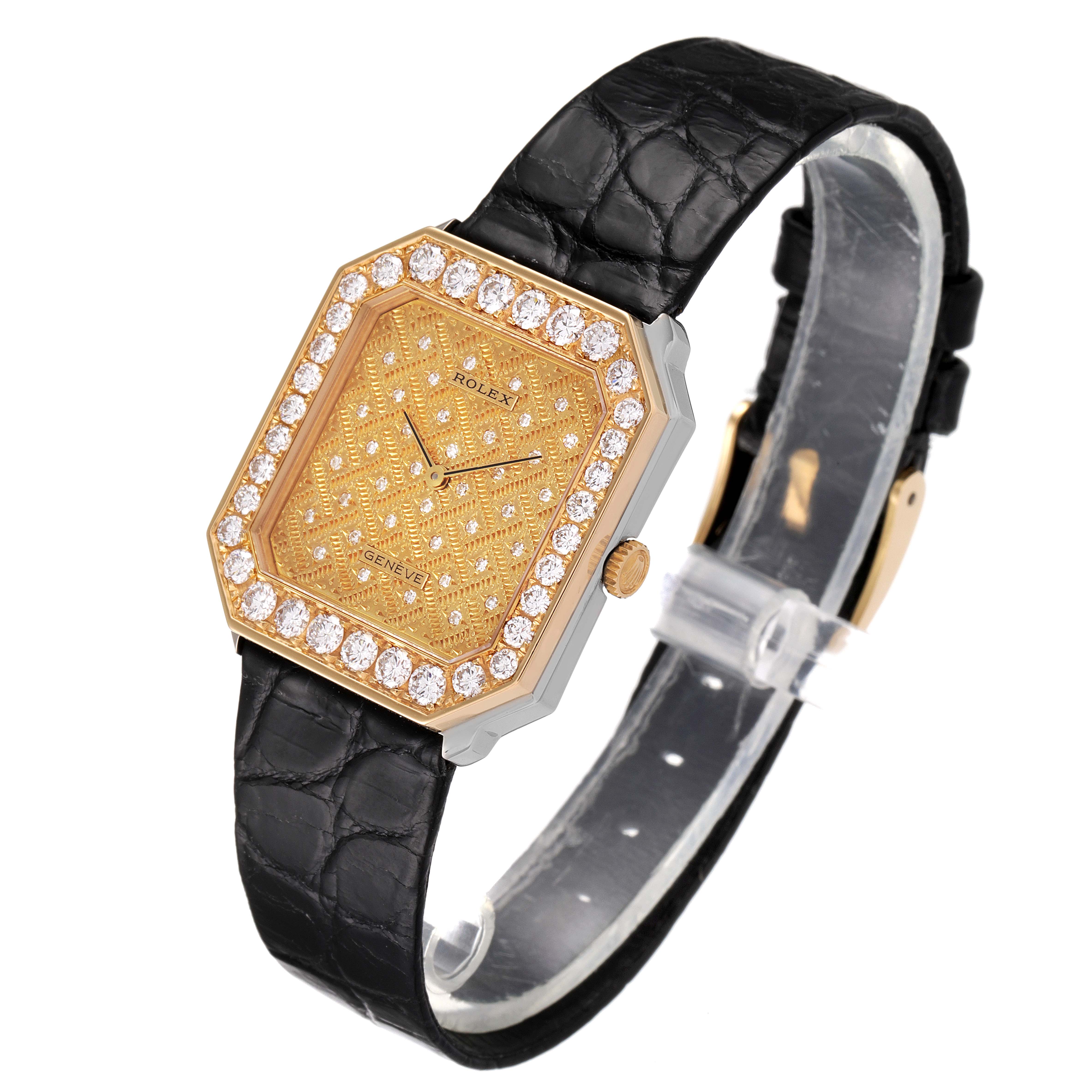 This image shows a Rolex Cellini 5032 Men's White Gold Champagne Dial 5032 Men's White Gold Champagne Dial watch at an angled view, highlighting its gold square dial, diamond bezel, and black leather strap.